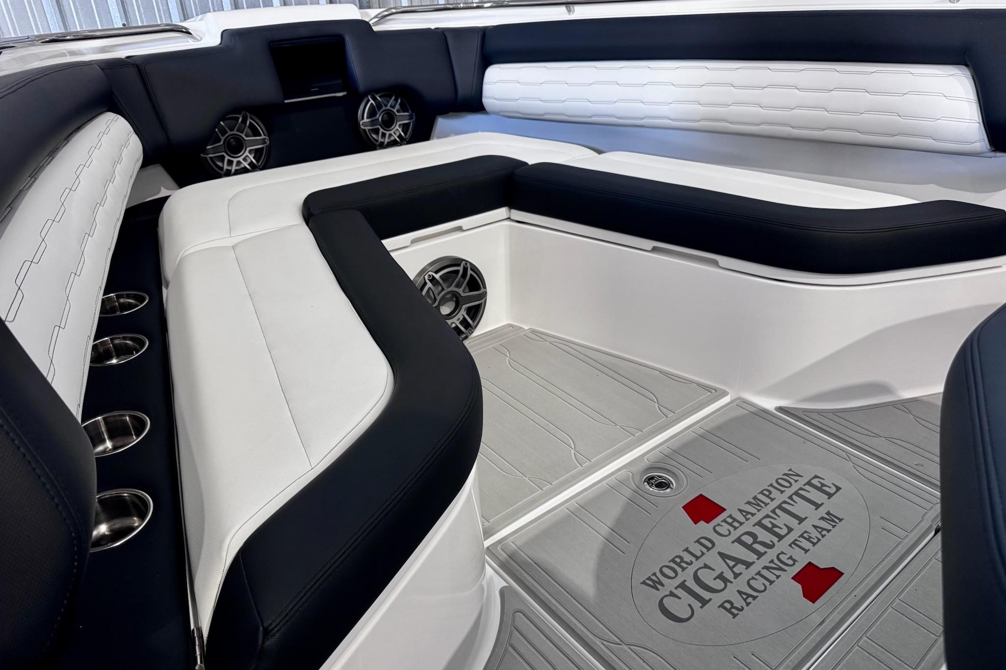 Interior of 2025 Cigarette 42' Auroris with luxurious seating.