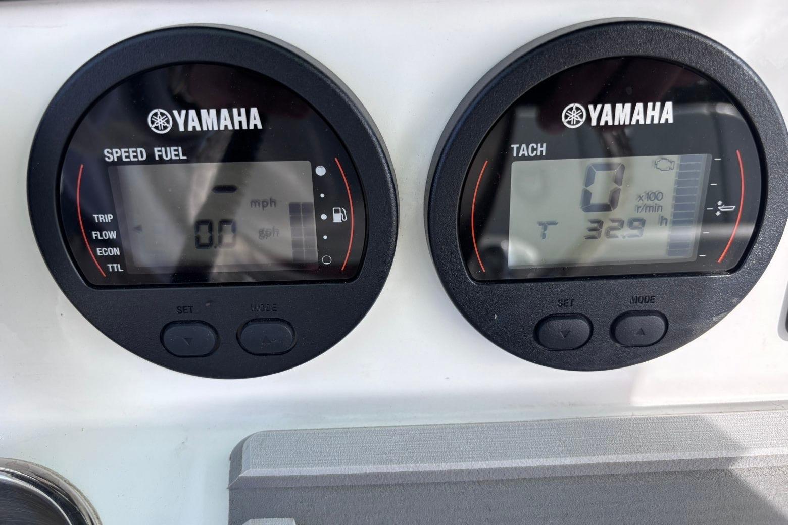 Yamaha gauges on a 2025 Sea Fox 228 Commander boat dashboard, displaying speed and tachometer readings.