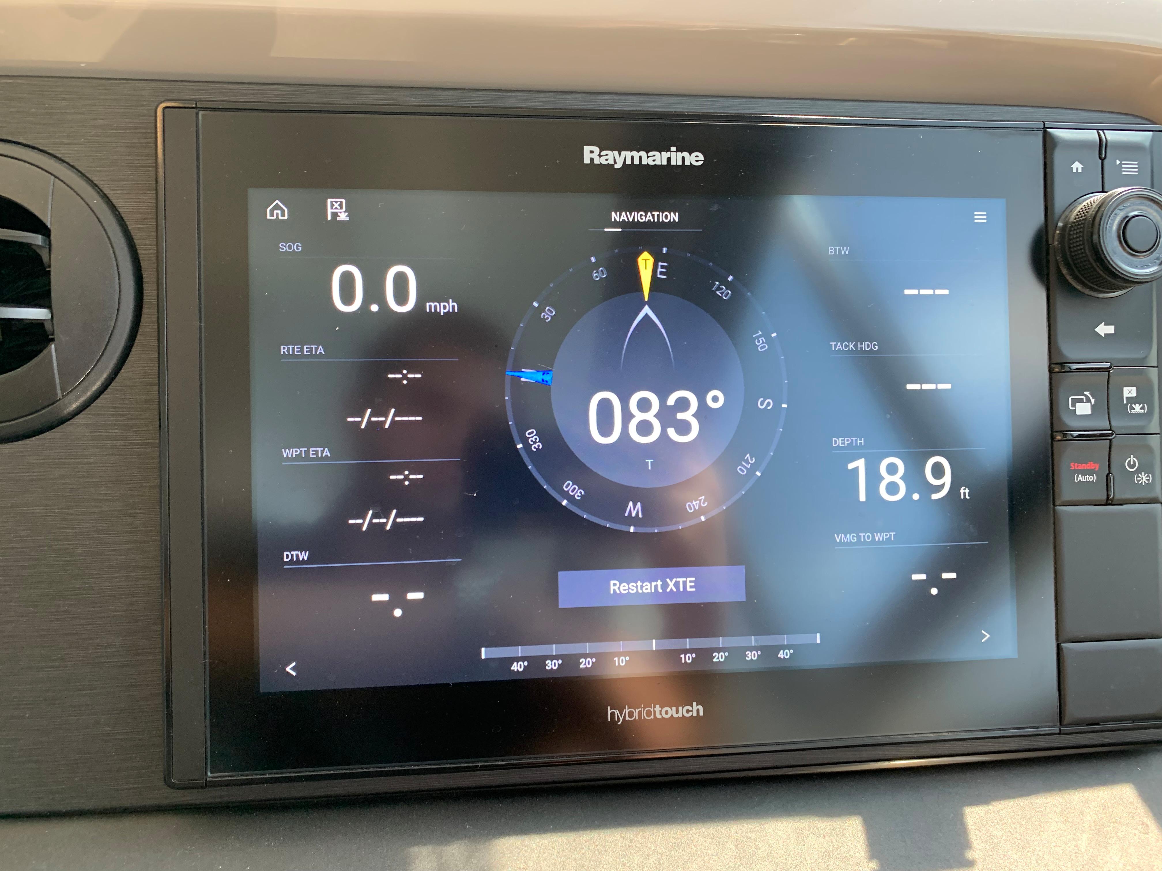 Raymarine navigation display on 2017 Sea Ray Sundancer 460 yacht showing 083° heading.