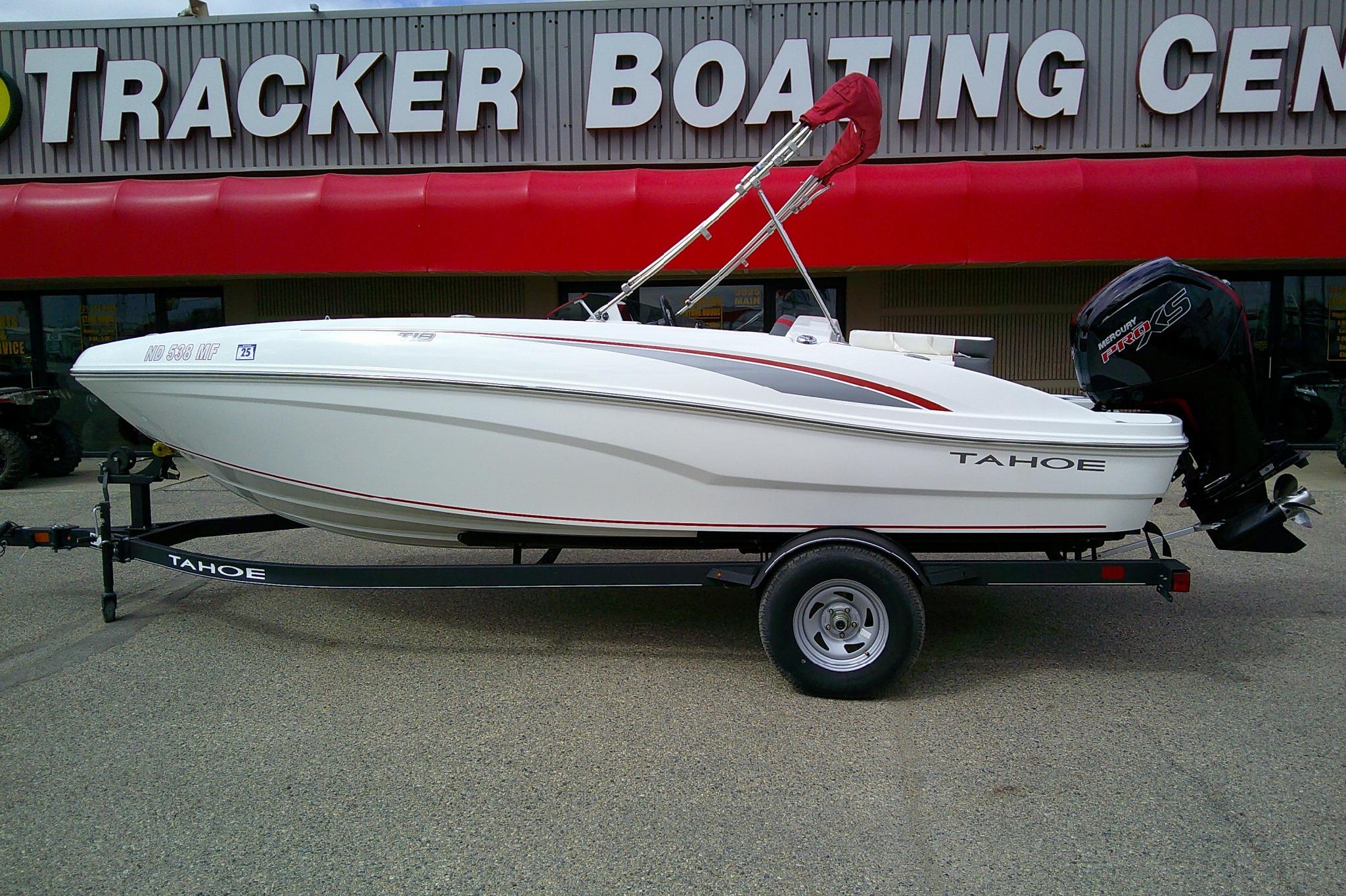 2024 Tahoe T18 boat on trailer at Tracker Boating Center.