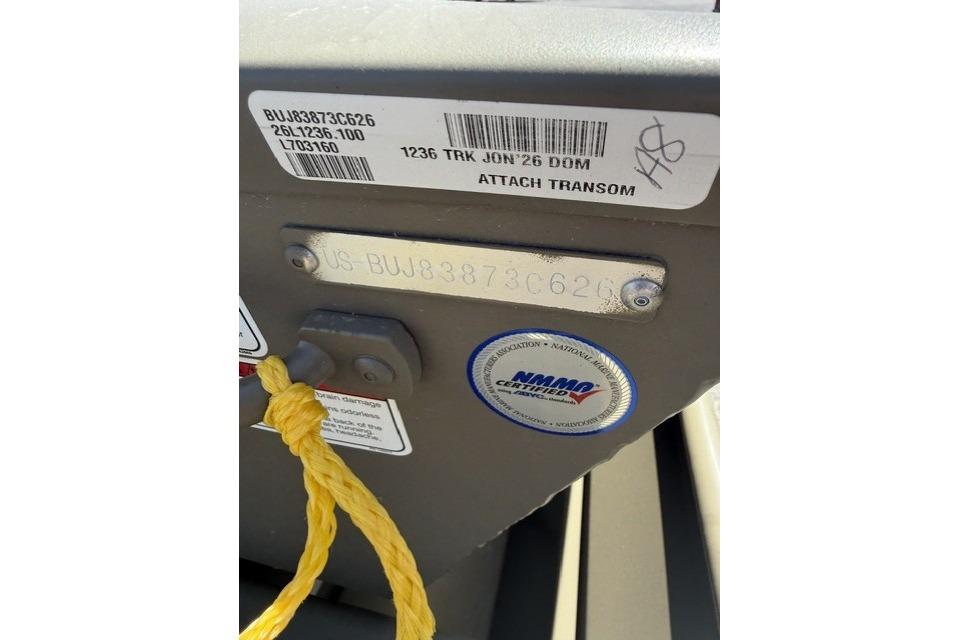 2026 Tracker Grizzly 12 Jon boat transom with serial number and NMMA certification.