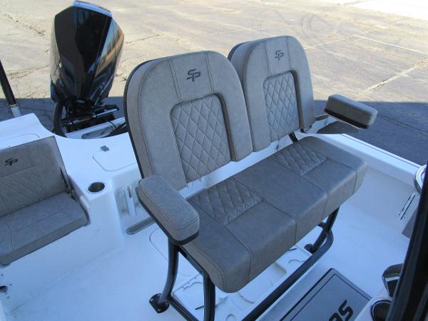 2025 Sea Pro 230 Bay boat seating with diamond-stitched upholstery and armrests.