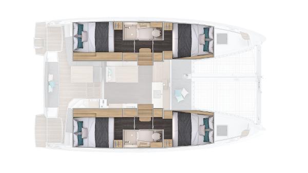Floor plan of a 2025 Lagoon 38 catamaran, featuring four cabins and spacious living areas.