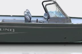 2026 Lund 1775 Adventure Sport boat, side view, sleek design, gray color.