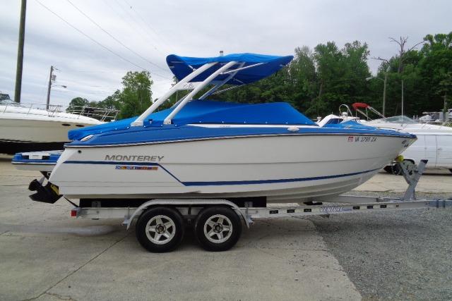 2019 Monterey 218SS Super Sport boat on trailer with blue canopy and cover.