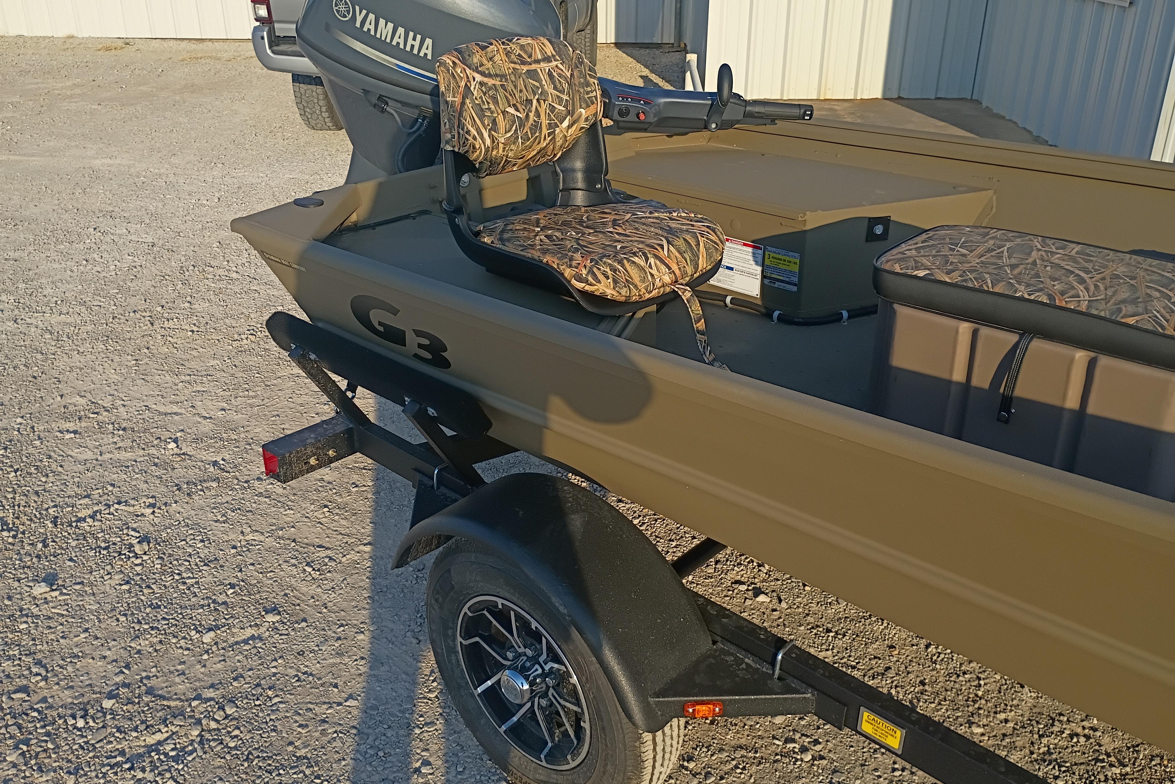 2026 G3 Gator Tough 16 FL boat with Yamaha motor and camo seats on trailer.