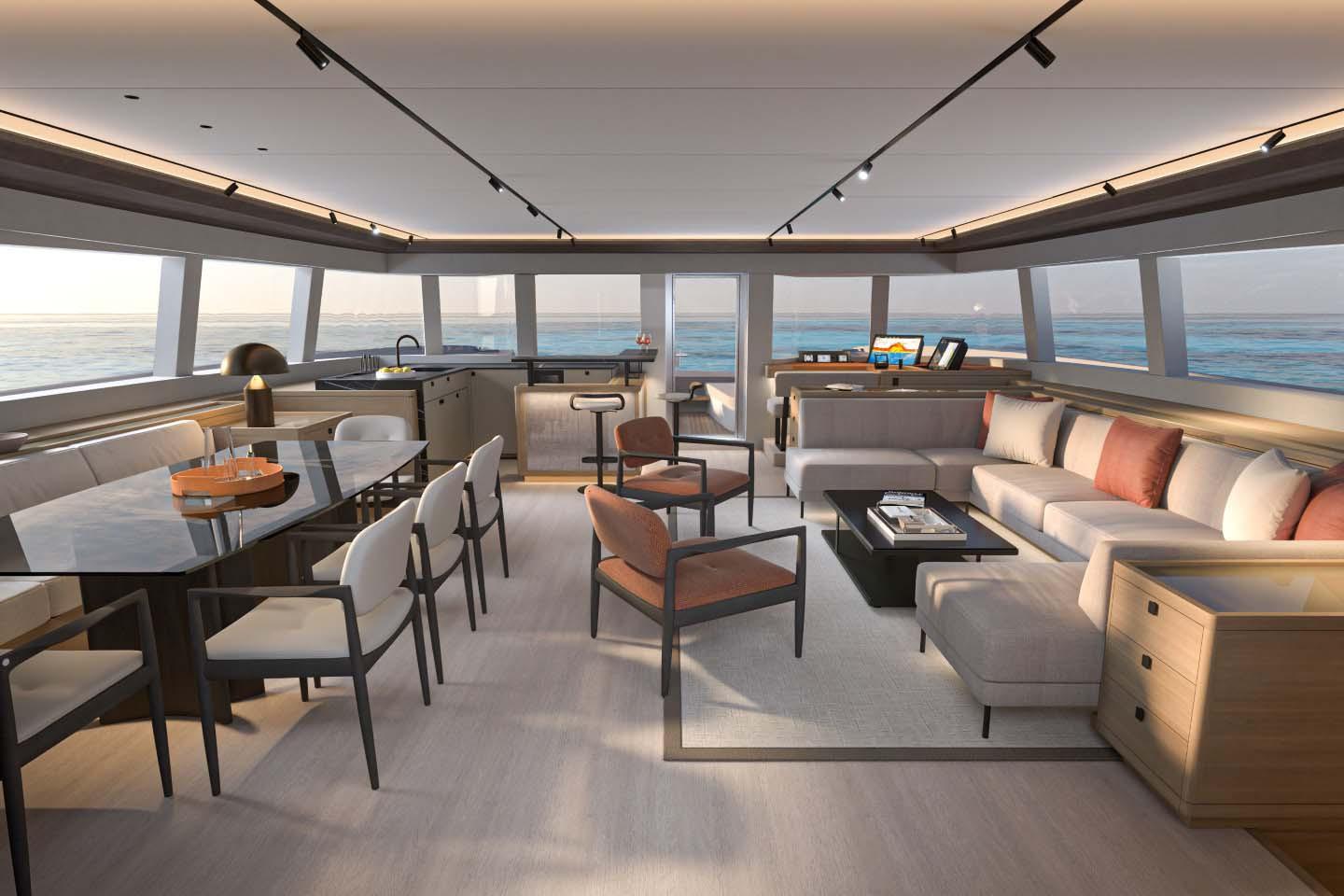 Manufacturer Provided Image: Luxurious interior of 2026 Lagoon EIGHTY 3 yacht with modern furnishings and ocean view.