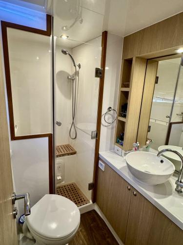 Modern bathroom in 2022 Aquila 44 yacht with shower, sink, and wooden accents.