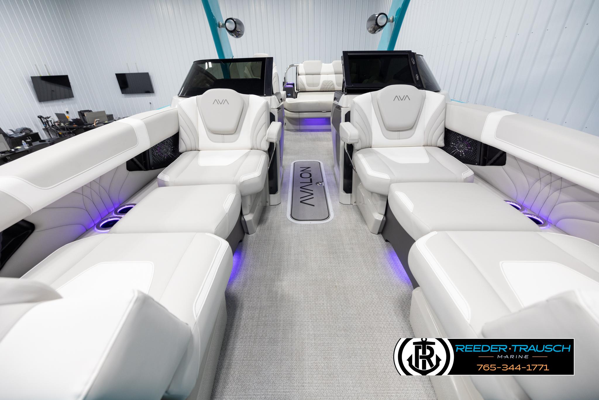 Luxurious interior of 2025 Avalon 2585 Excal VRBW pontoon boat with plush seating.