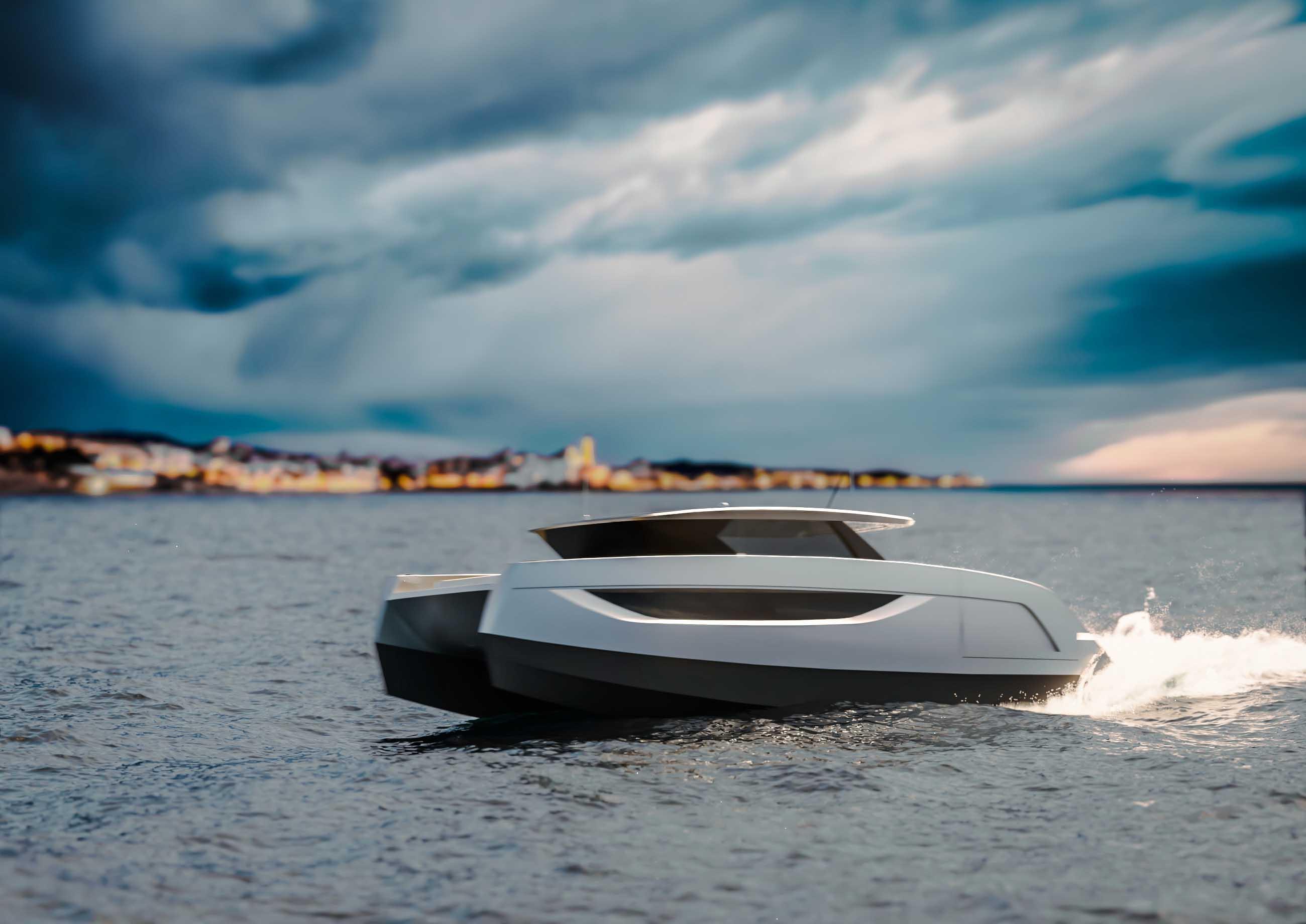 2026 Sunreef 44 Ultima catamaran cruising on open water under dramatic skies.