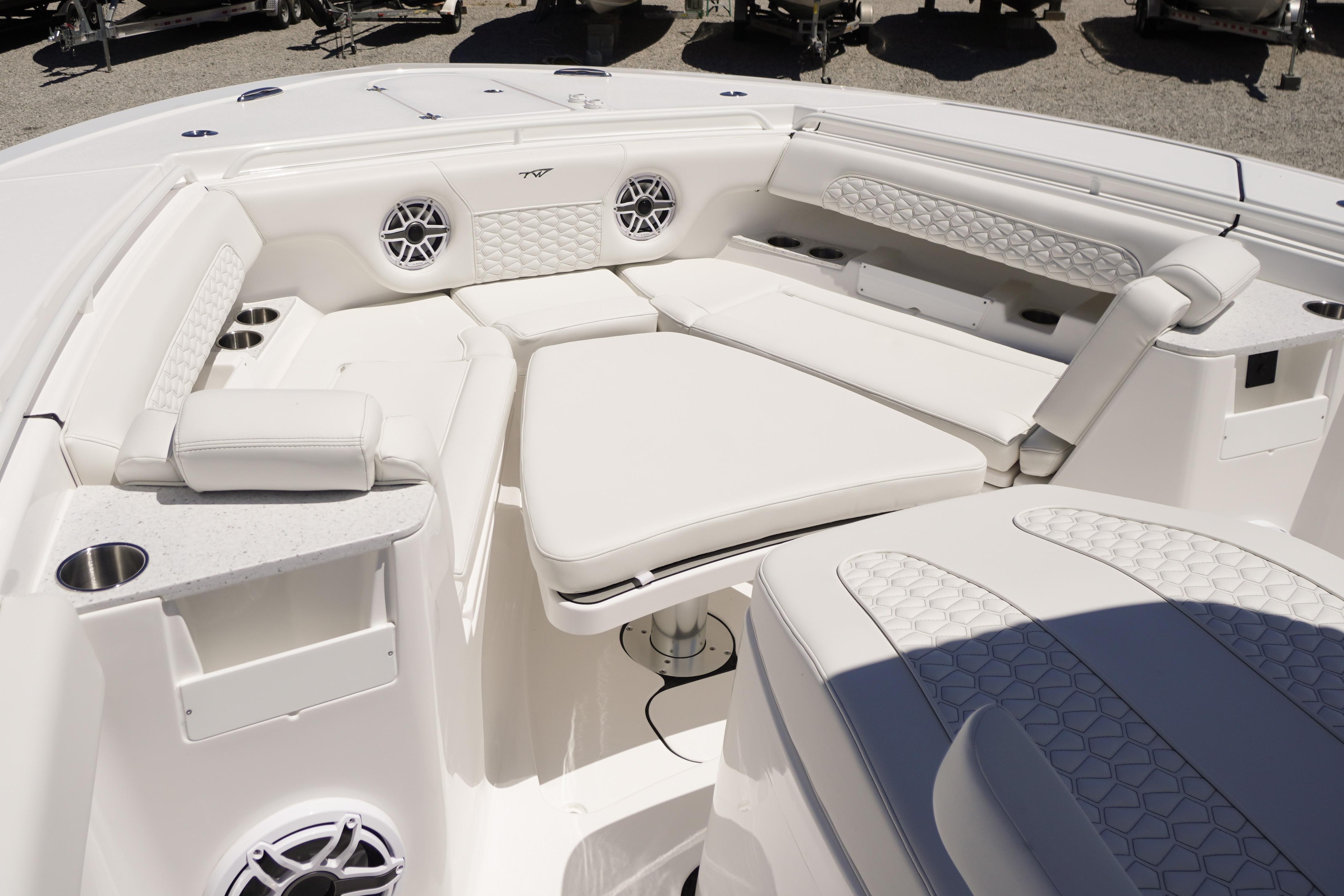 2026 Tidewater 302 CC Adventure boat interior with luxurious seating and modern design.