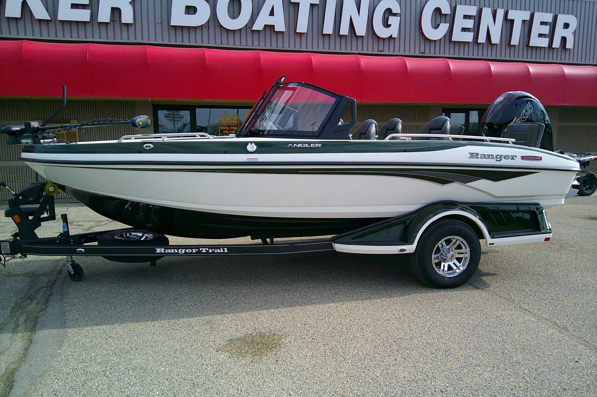 2026 Ranger 1880MS boat on trailer outside boating center.
