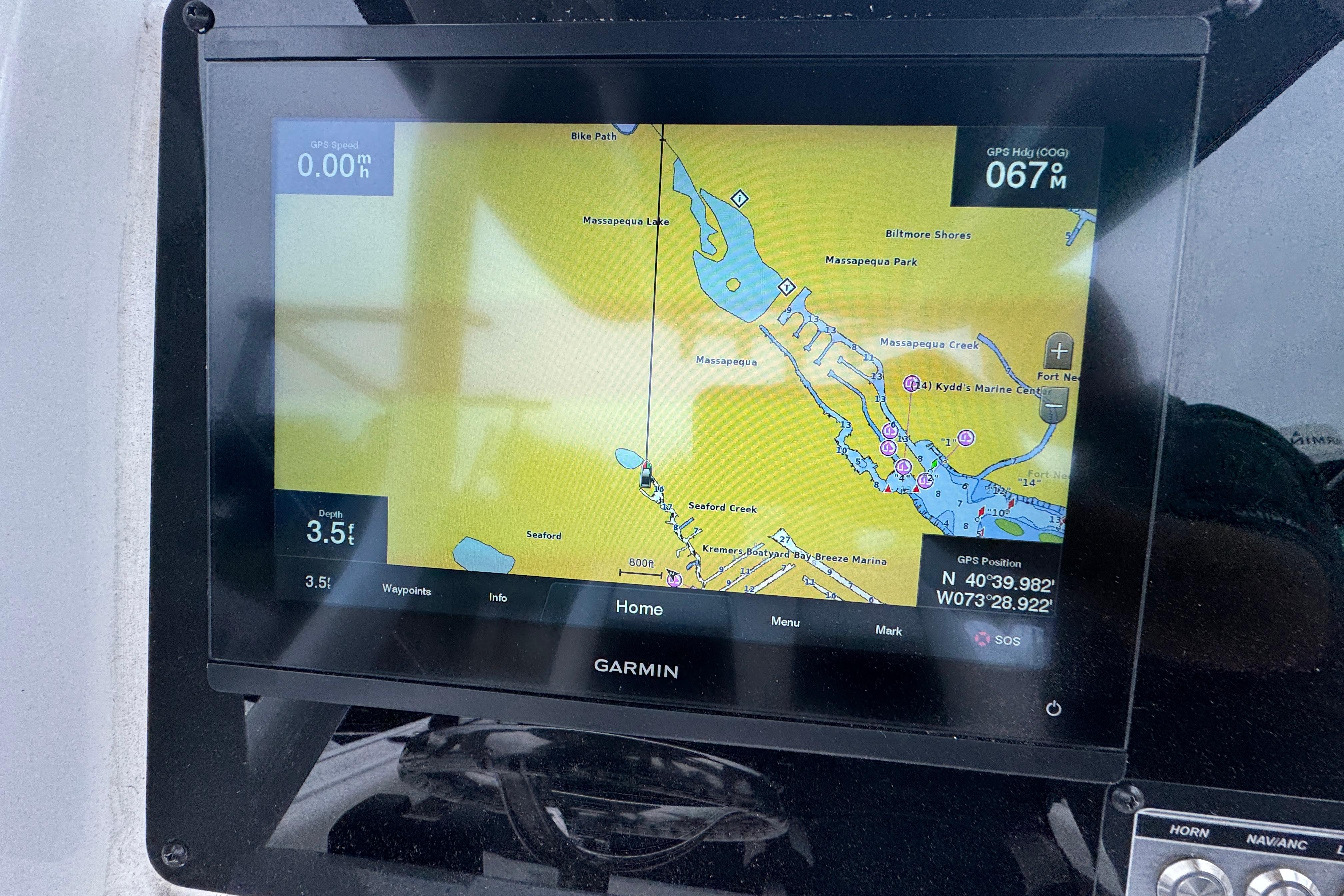 Garmin GPS display on 2022 Tidewater 232 SS boat showing navigation map.