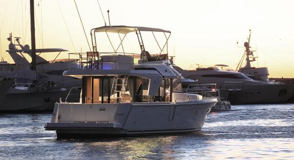 Beneteau Swift Trawler 35, 2021, docked at sunset.