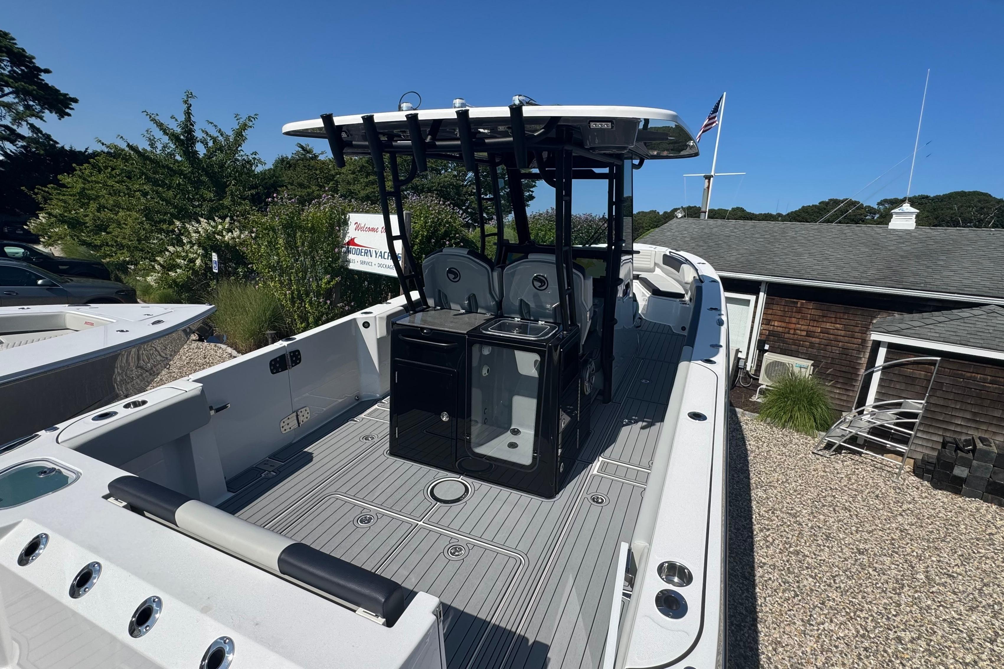 2025 Edgewater 340CC boat with sleek design, spacious deck, and modern features.