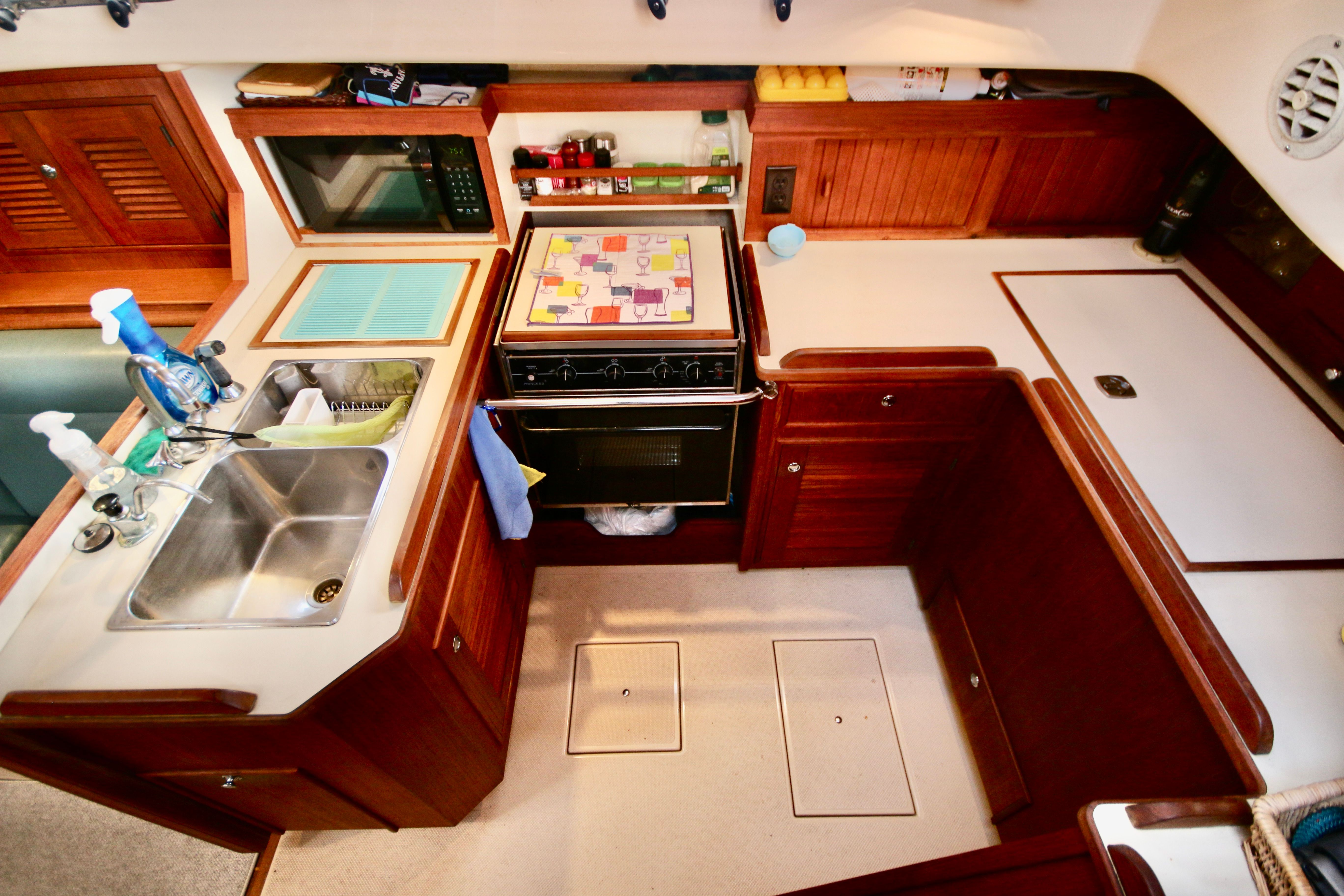 Galley area of a 2002 Island Packet 380 yacht.