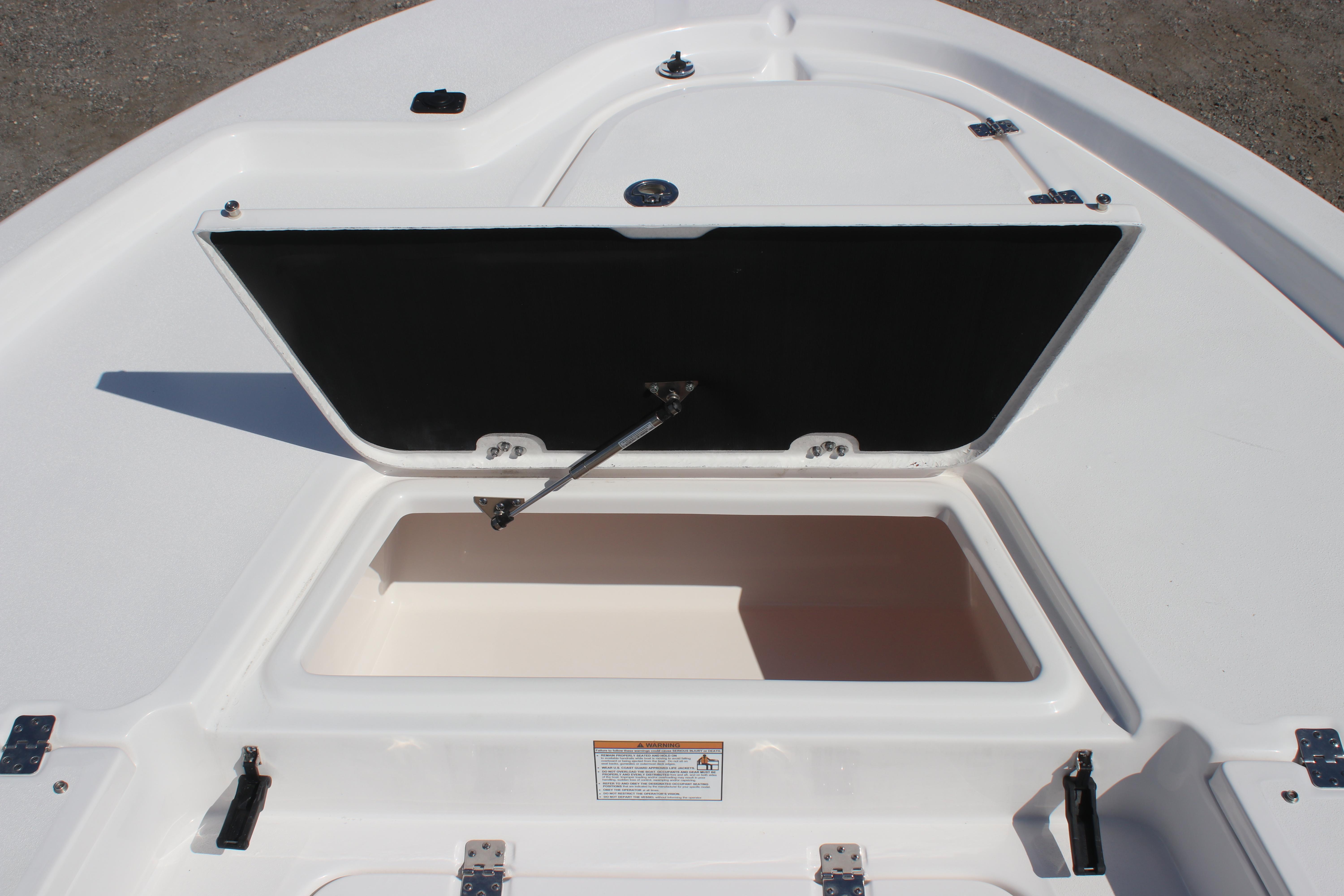 Open storage compartment on 2025 Sea Fox 251 Bay Fox boat.