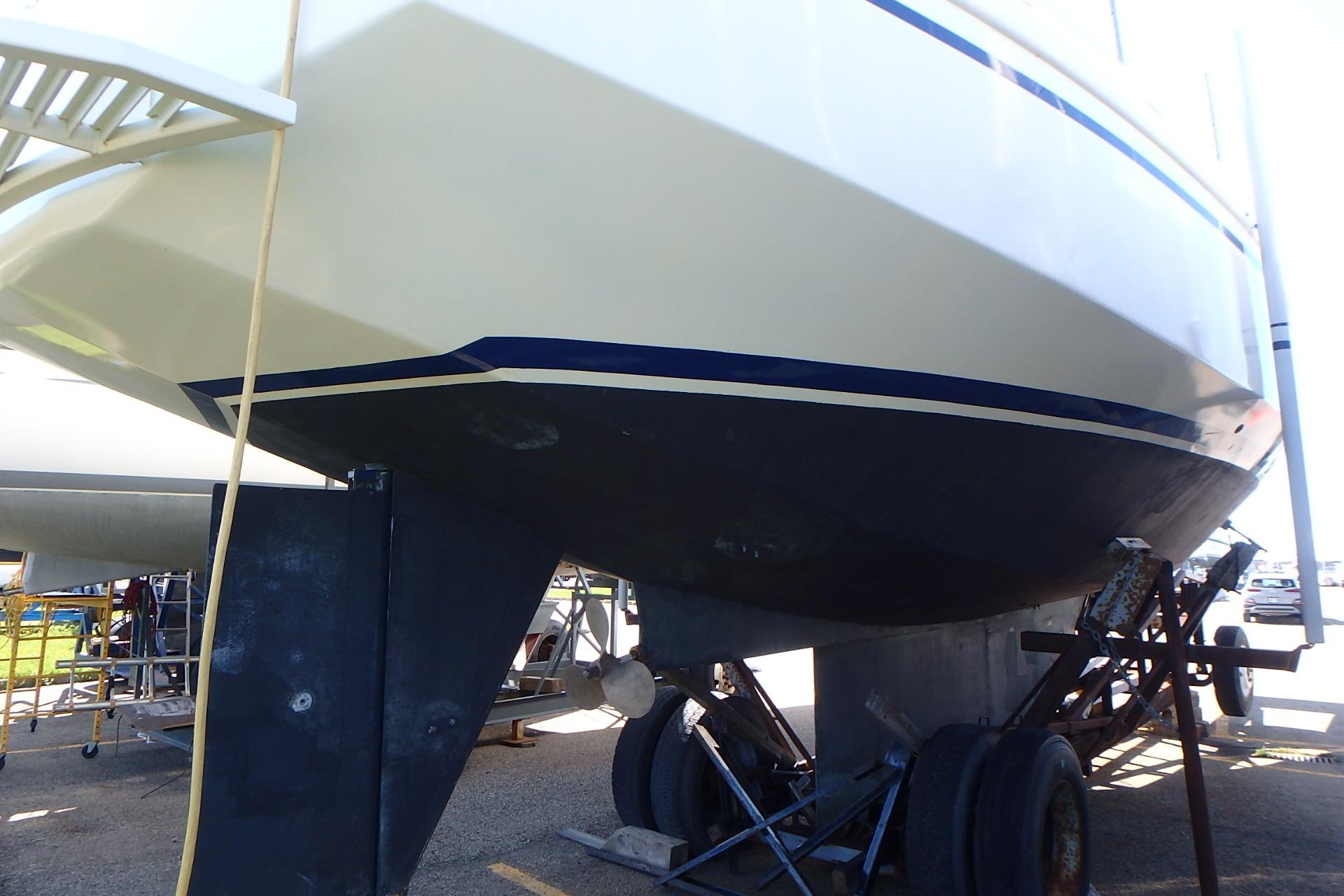 2017 Custom Gilbert Caroff Lex Eterna 47 sailboat on trailer, viewed from below.