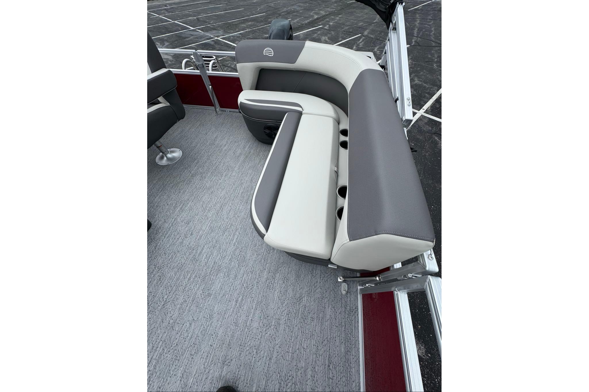 2026 Sun Tracker Bass Buggy 16 XL Select boat interior with gray and white seating.