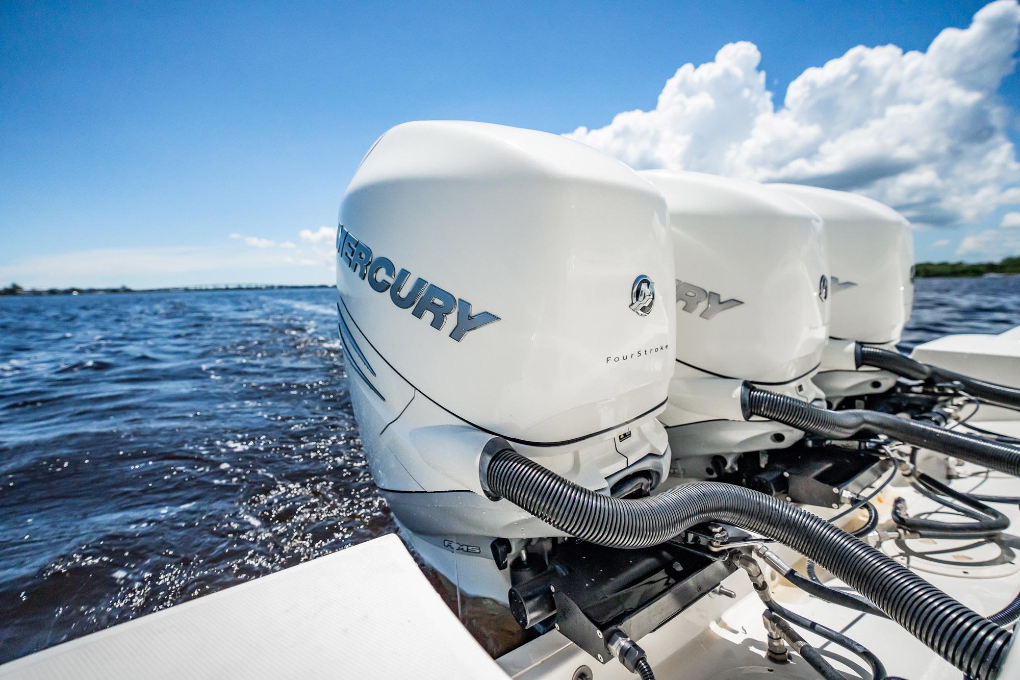 2018 Boston Whaler 380 Outrage with Mercury outboard engines on open water.