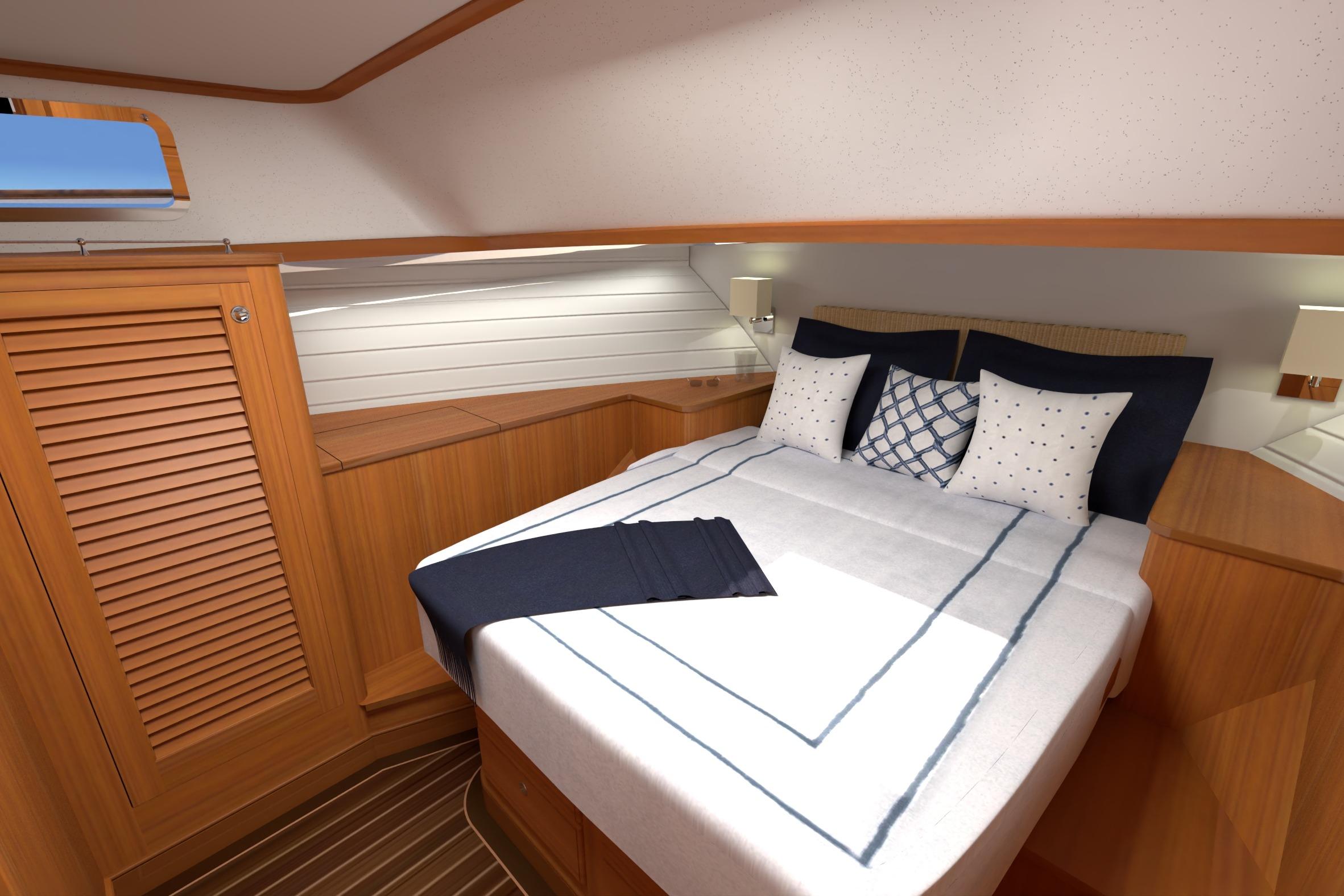 Luxurious cabin interior of 2027 Hunt Yachts 56 Ocean Express with elegant bedding.