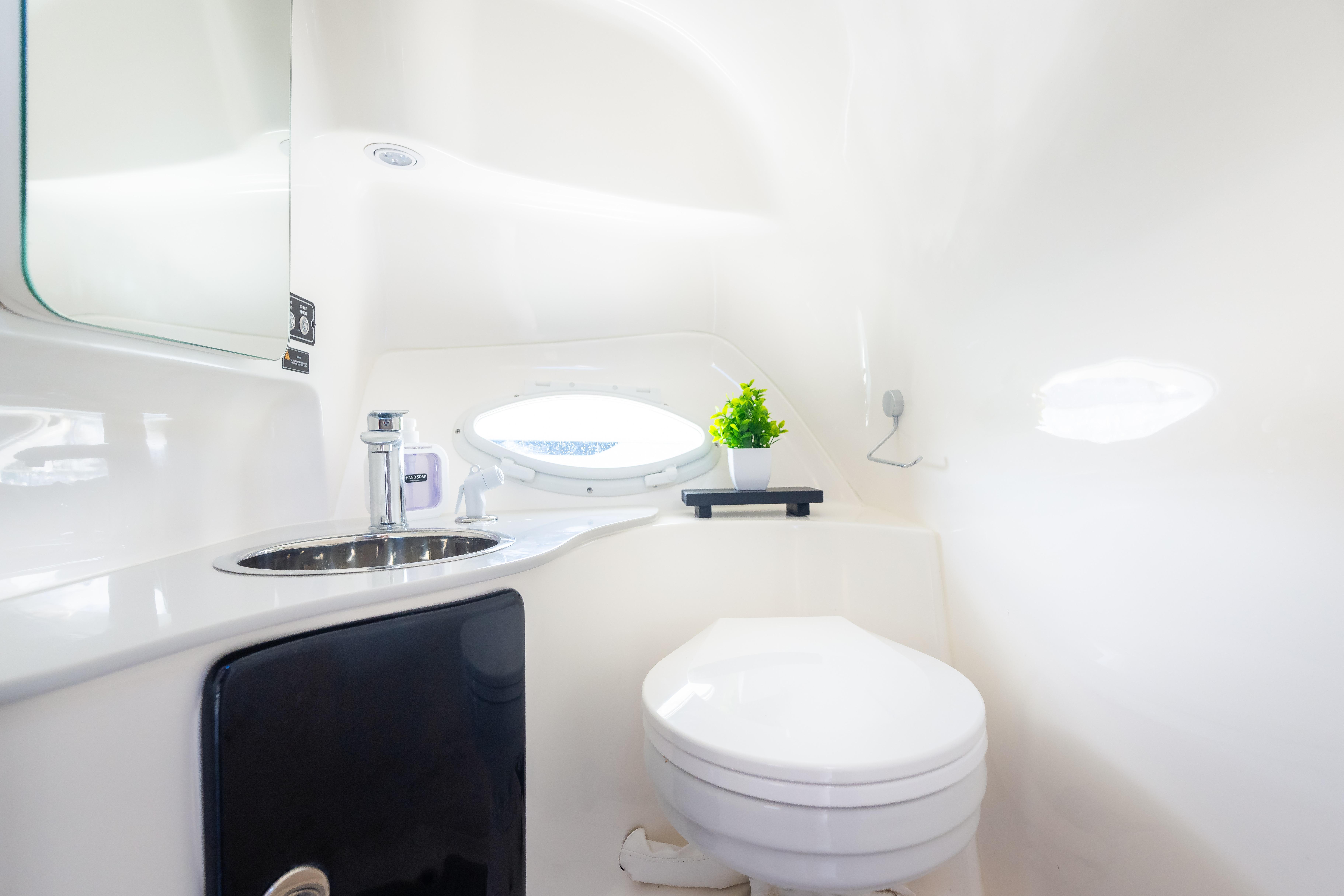 Modern bathroom interior in Hanover 305, 2026 model, featuring sleek design and compact amenities.