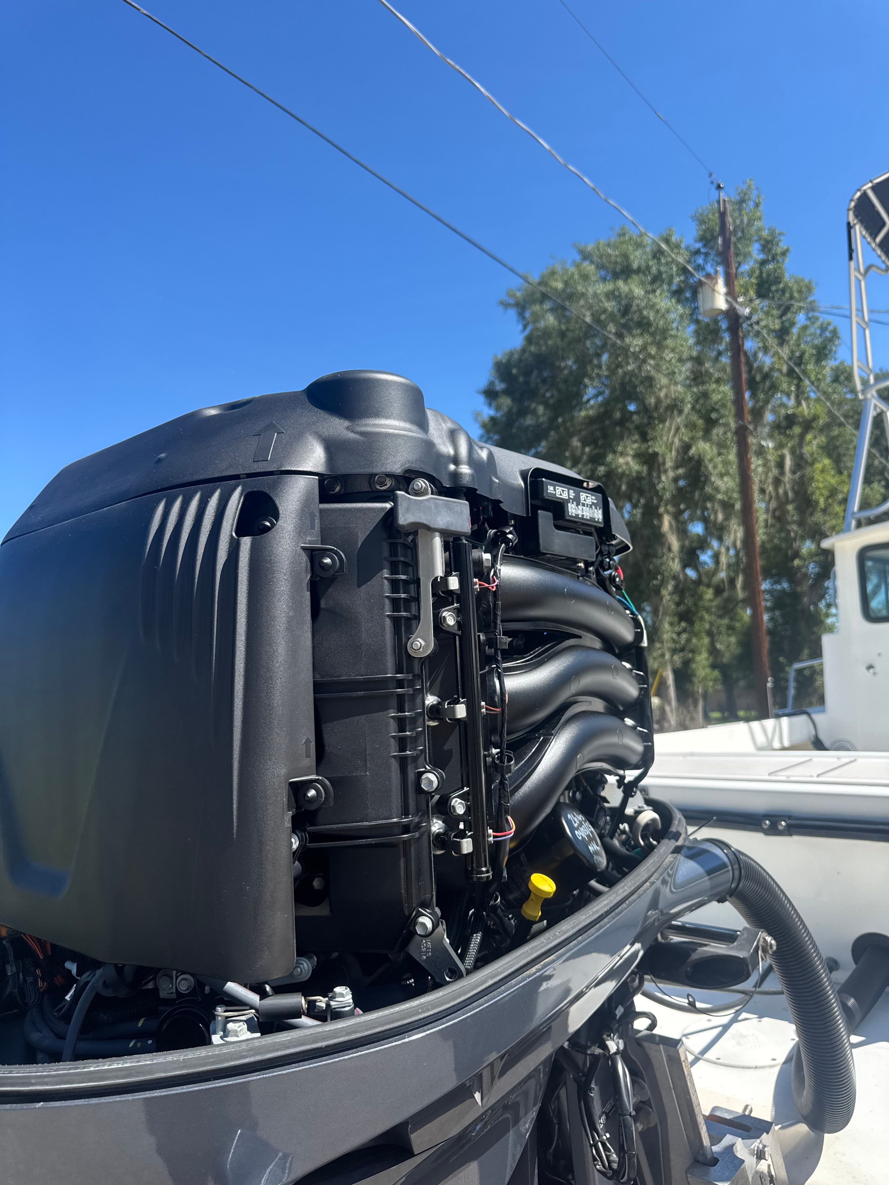 Close-up of outboard motor on a 1997 Parker 2520 boat.