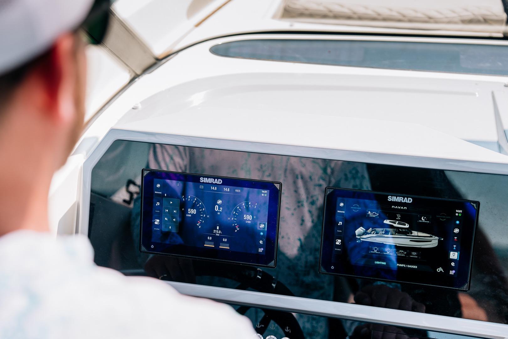 Navan S30 2026 boat dashboard with Simrad displays.
