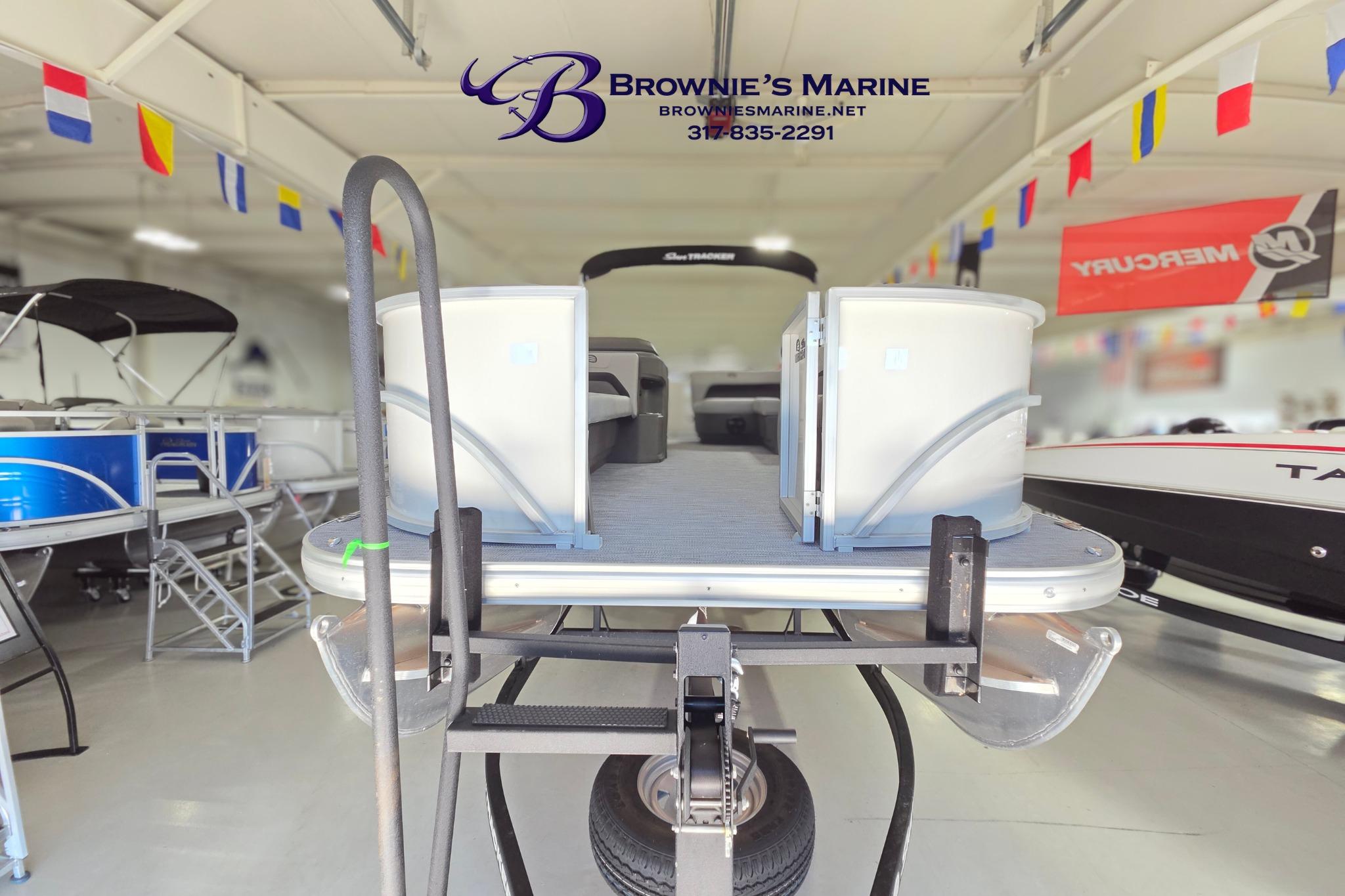 2026 Sun Tracker Party Barge 18 DLX displayed at Brownie's Marine showroom.