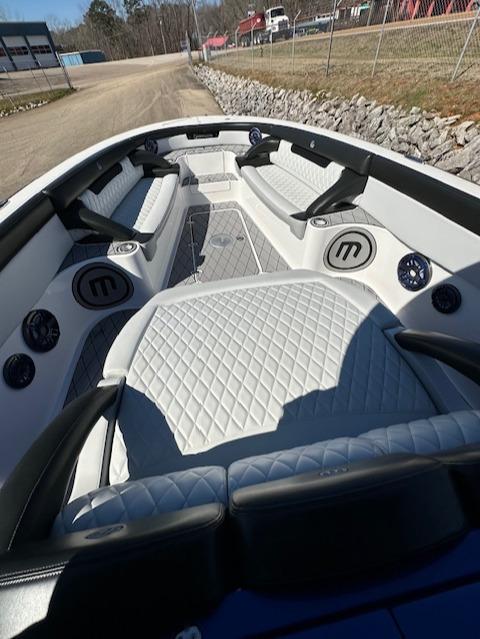 2019 Mystic Powerboats M4200 interior with quilted seating and modern design.