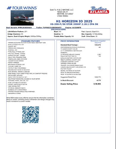 2025 Four Winns H1 boat specifications and pricing details sheet.