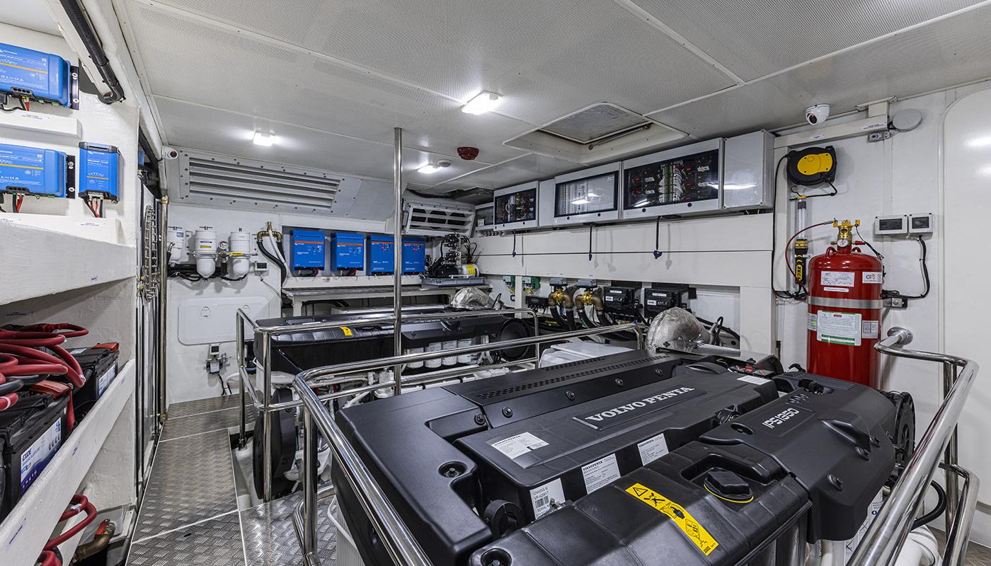 Engine room of 2026 Absolute NAVETTA 75 yacht, featuring Volvo Penta engines and advanced equipment.