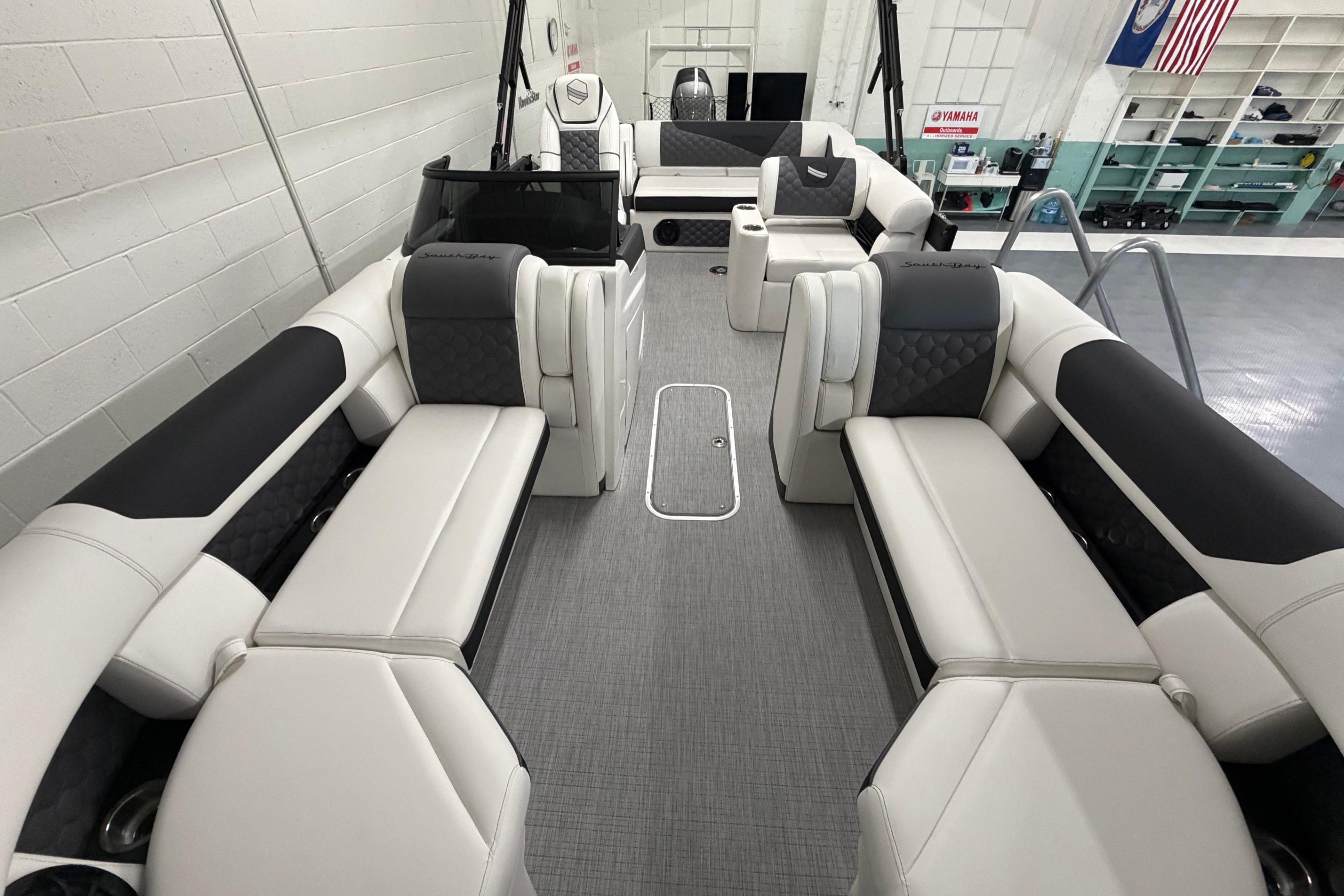 Interior of 2026 South Bay 525SB2 pontoon boat with luxurious seating and modern design.