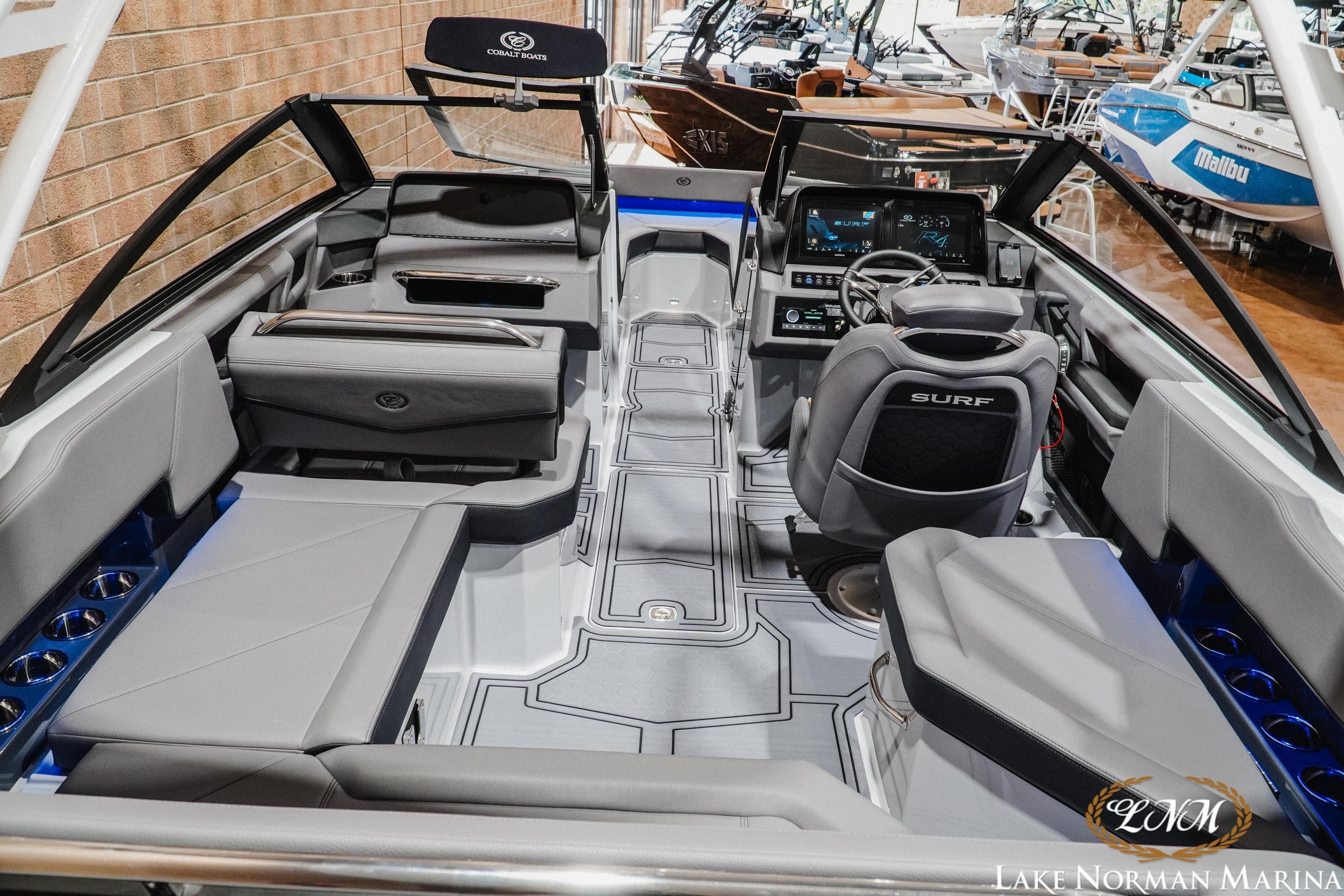 2026 Cobalt R4 Surf boat interior with modern dashboard and seating at Lake Norman Marina.