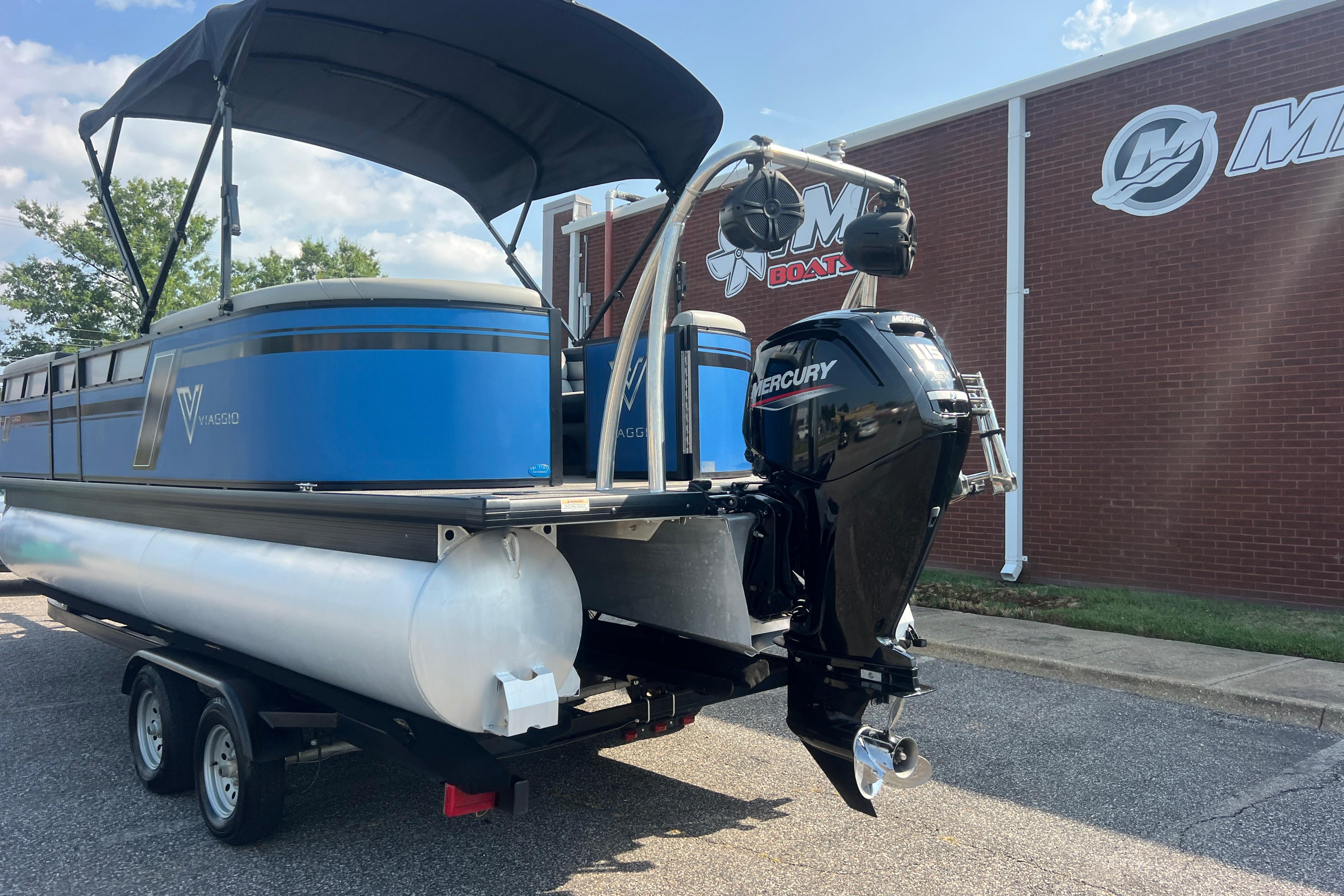 2022 Viaggio Lago V-U 22 pontoon boat with Mercury engine on trailer.