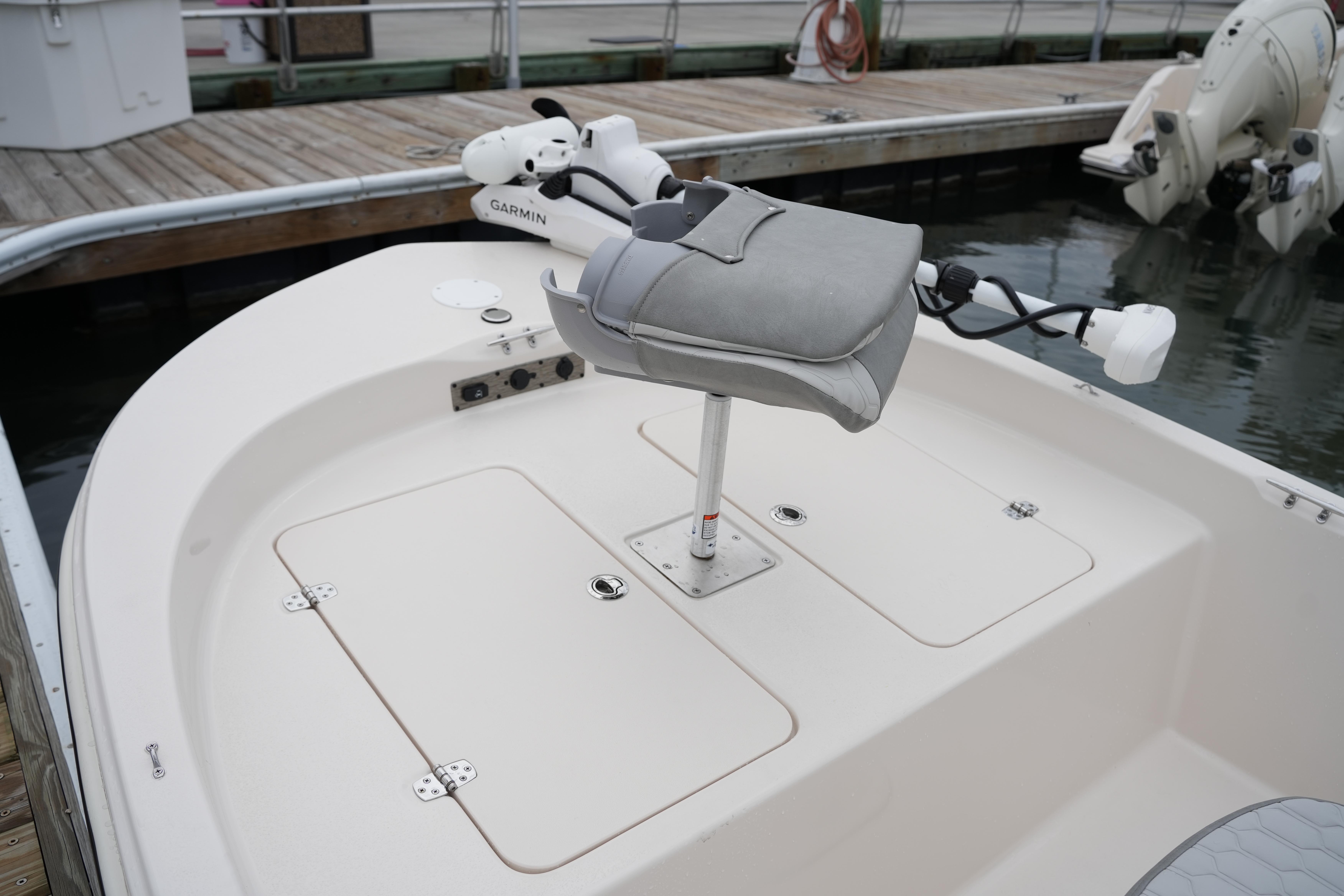 2025 Carolina Skiff 162 JLS boat with Garmin equipment at dockside.
