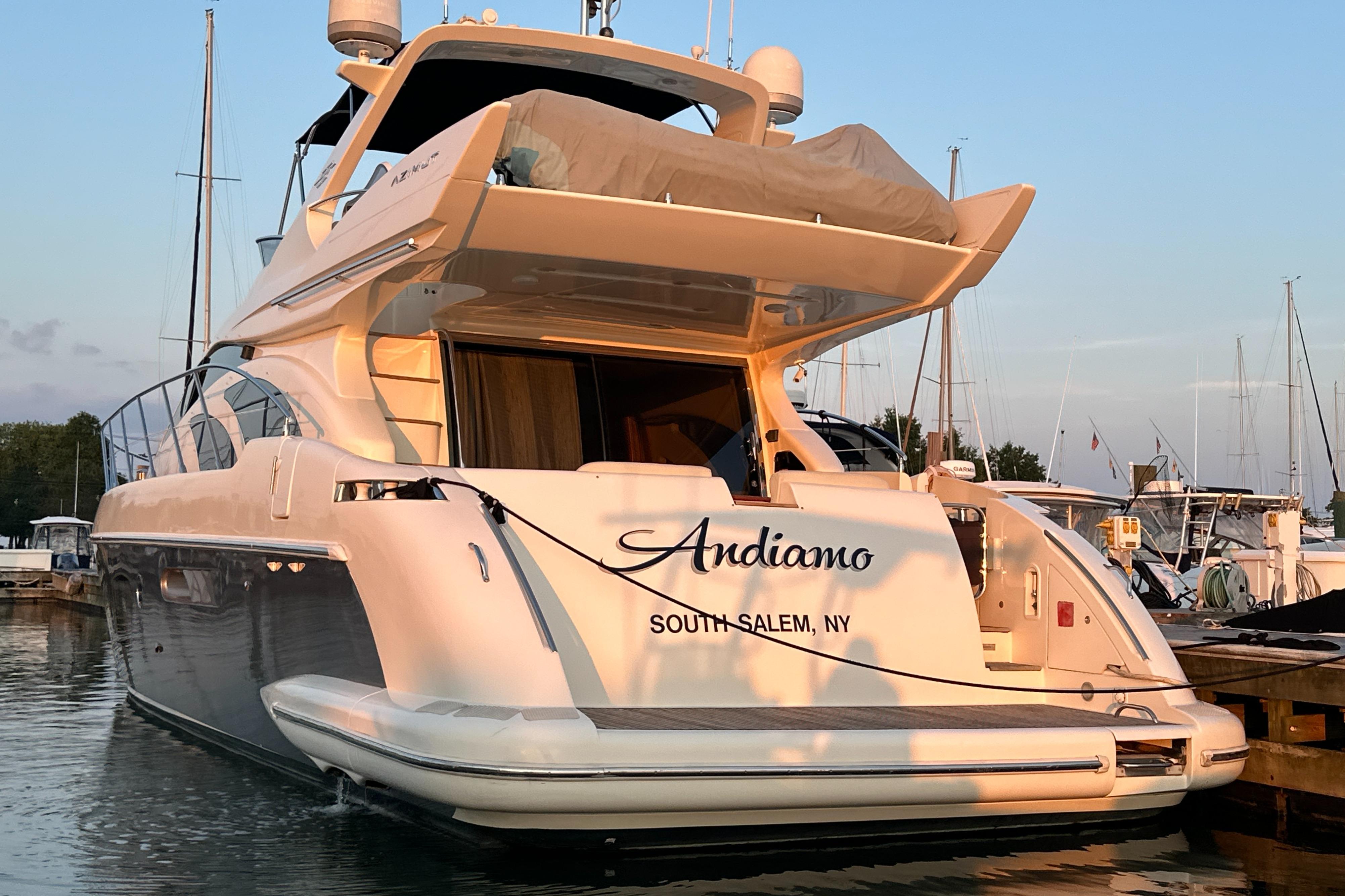 Luxury 2010 Azimut 55E yacht docked at marina, South Salem, NY.