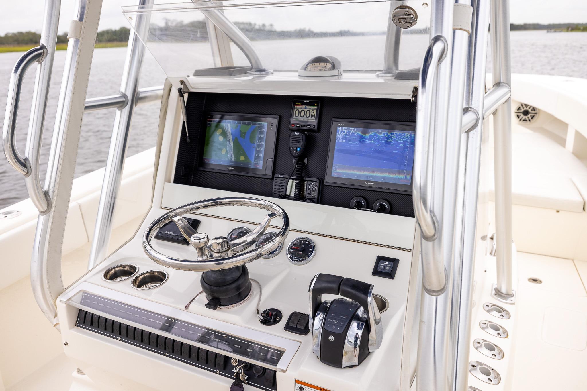 2019 SeaVee 322Z boat console with advanced navigation and control systems.