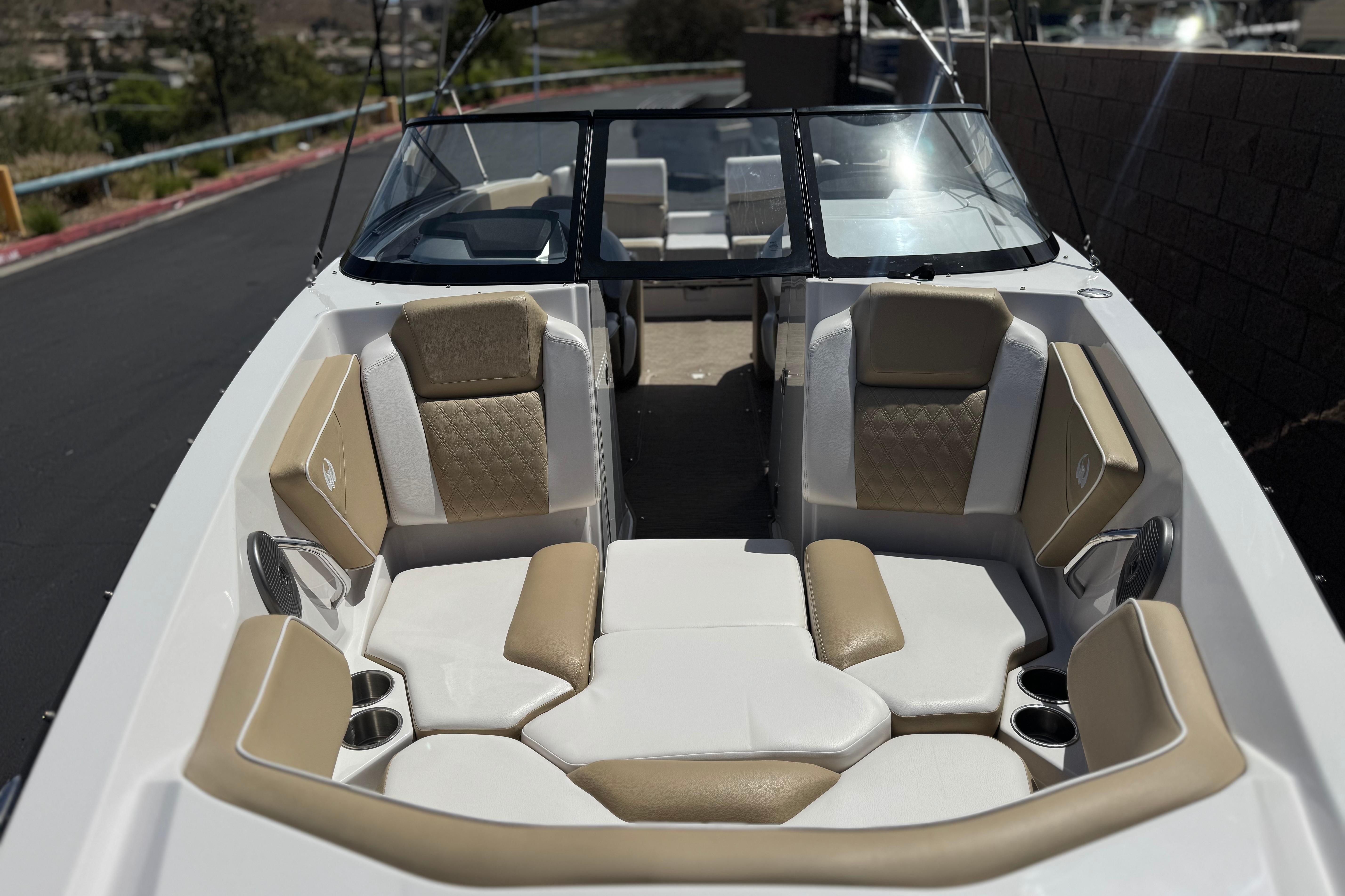 2017 Scarab 255 H.O. Platinum boat interior with beige and white seating.