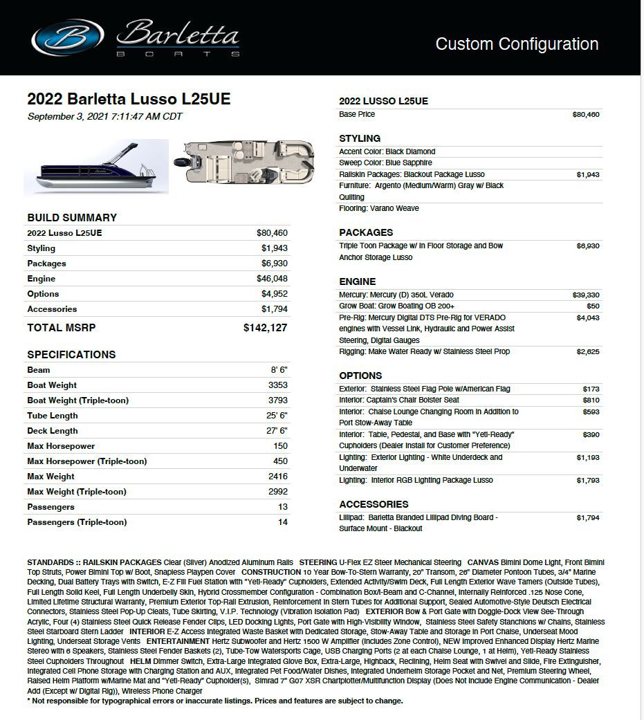 2022 Barletta Lusso L25UE configuration with specifications and pricing.