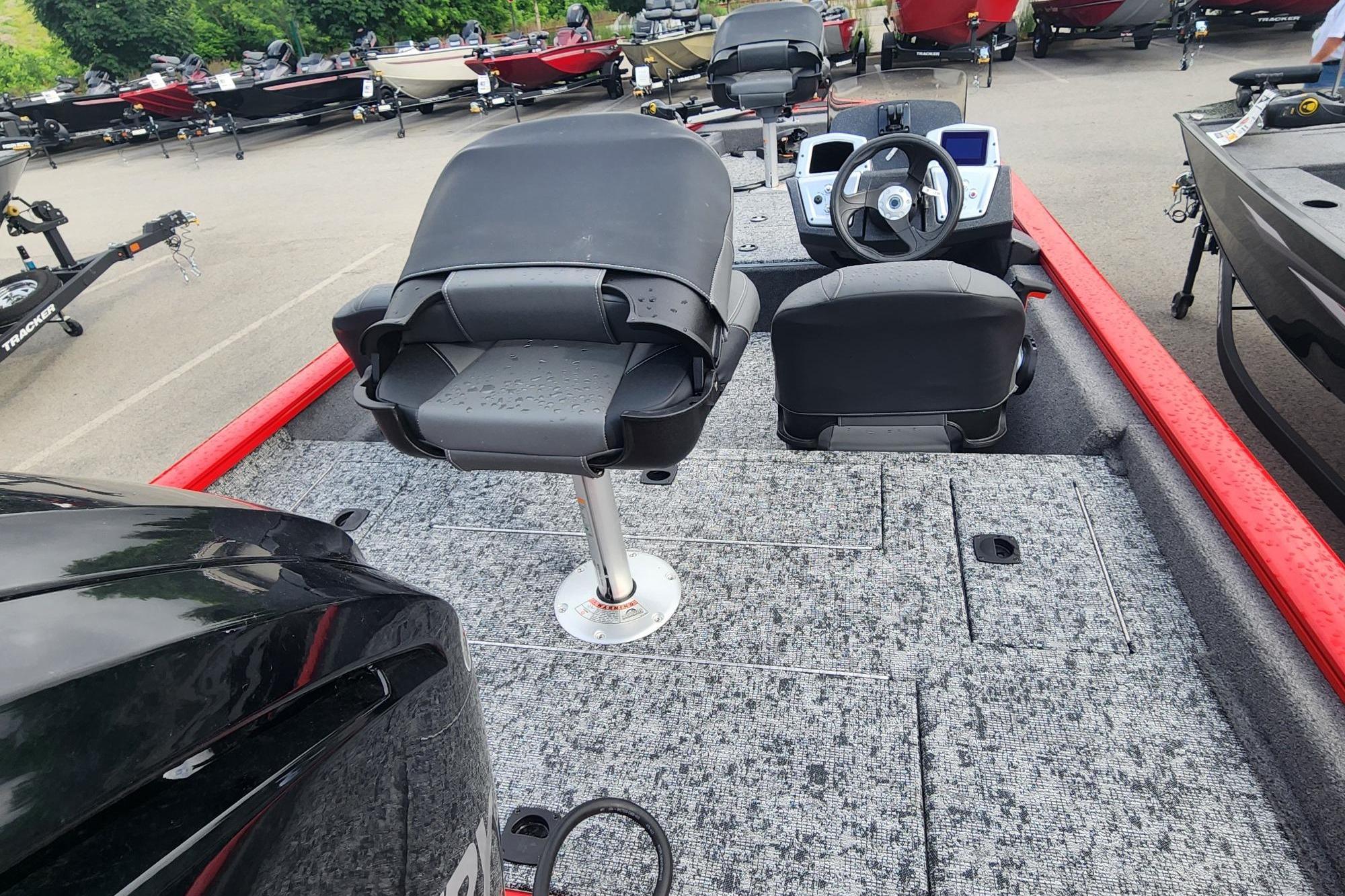 2026 Tracker Pro Team 175 Crappie Edition boat interior with steering console and seating.
