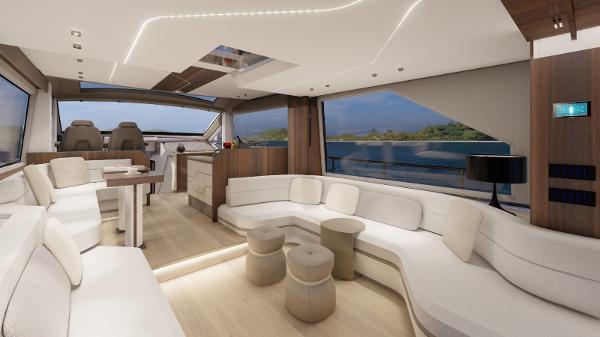 Luxurious interior of 2025 Aicon Vivere 68 yacht with modern seating and panoramic windows.