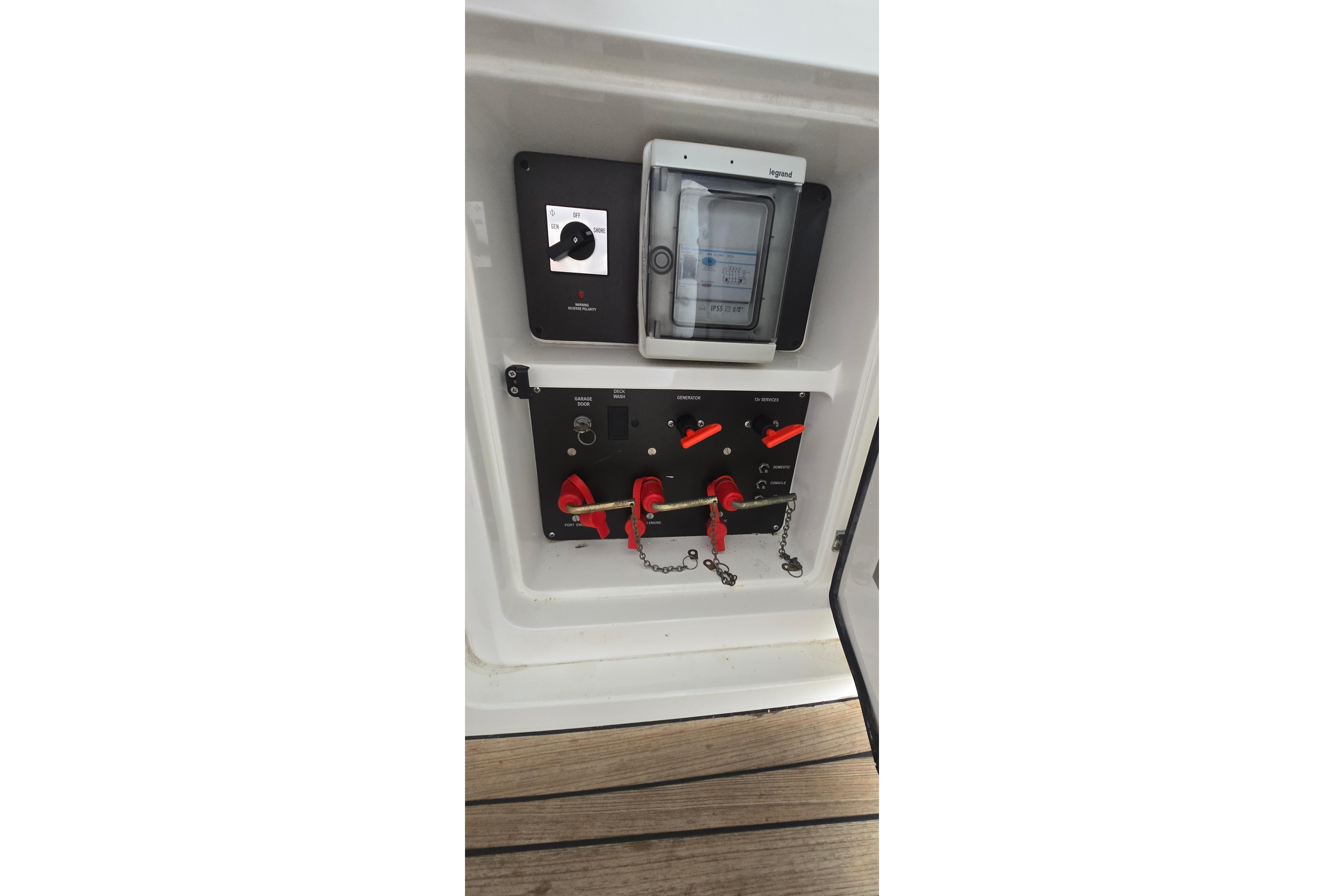Electrical control panel on a 2004 Sunseeker Camargue 50 yacht.