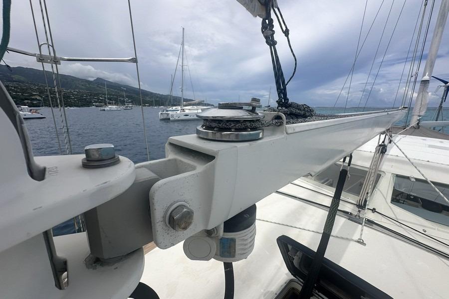 Close-up of 1993 Amel Super Maramu sailboat rigging in a marina setting.