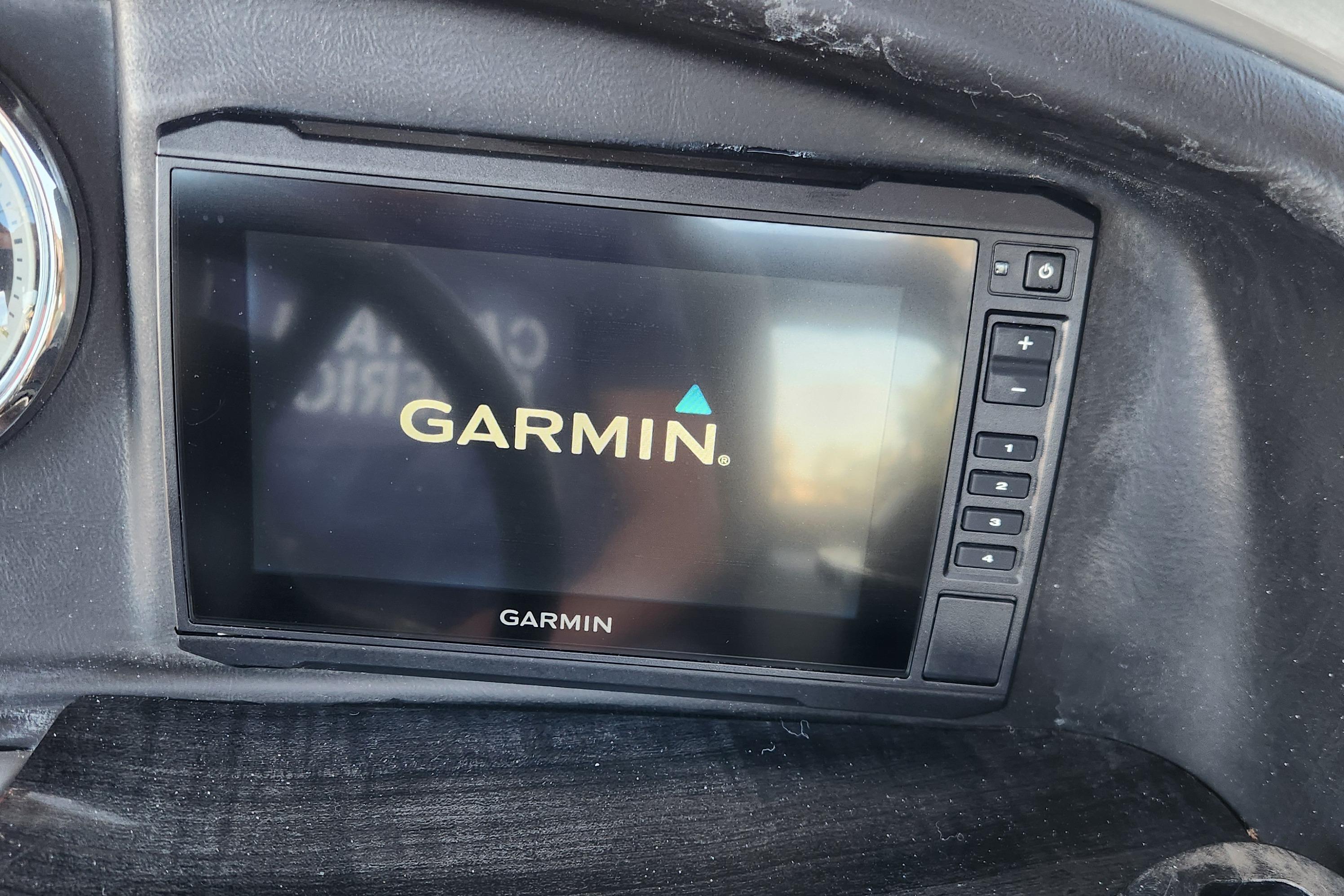Garmin display in 2022 Tahoe Tritune 2585 ENT boat dashboard.