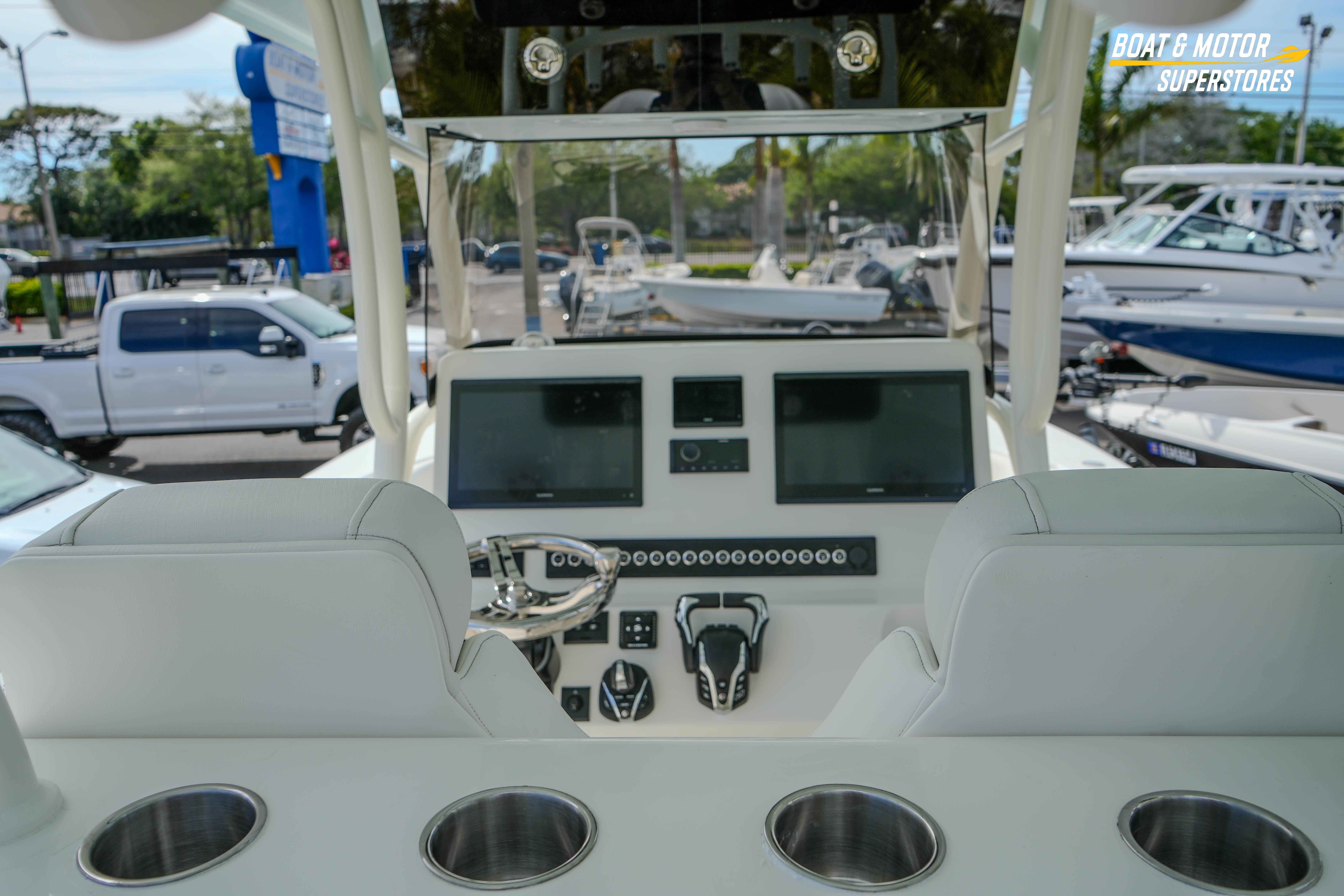 2026 Key West 291 FS boat dashboard with modern controls and seating.