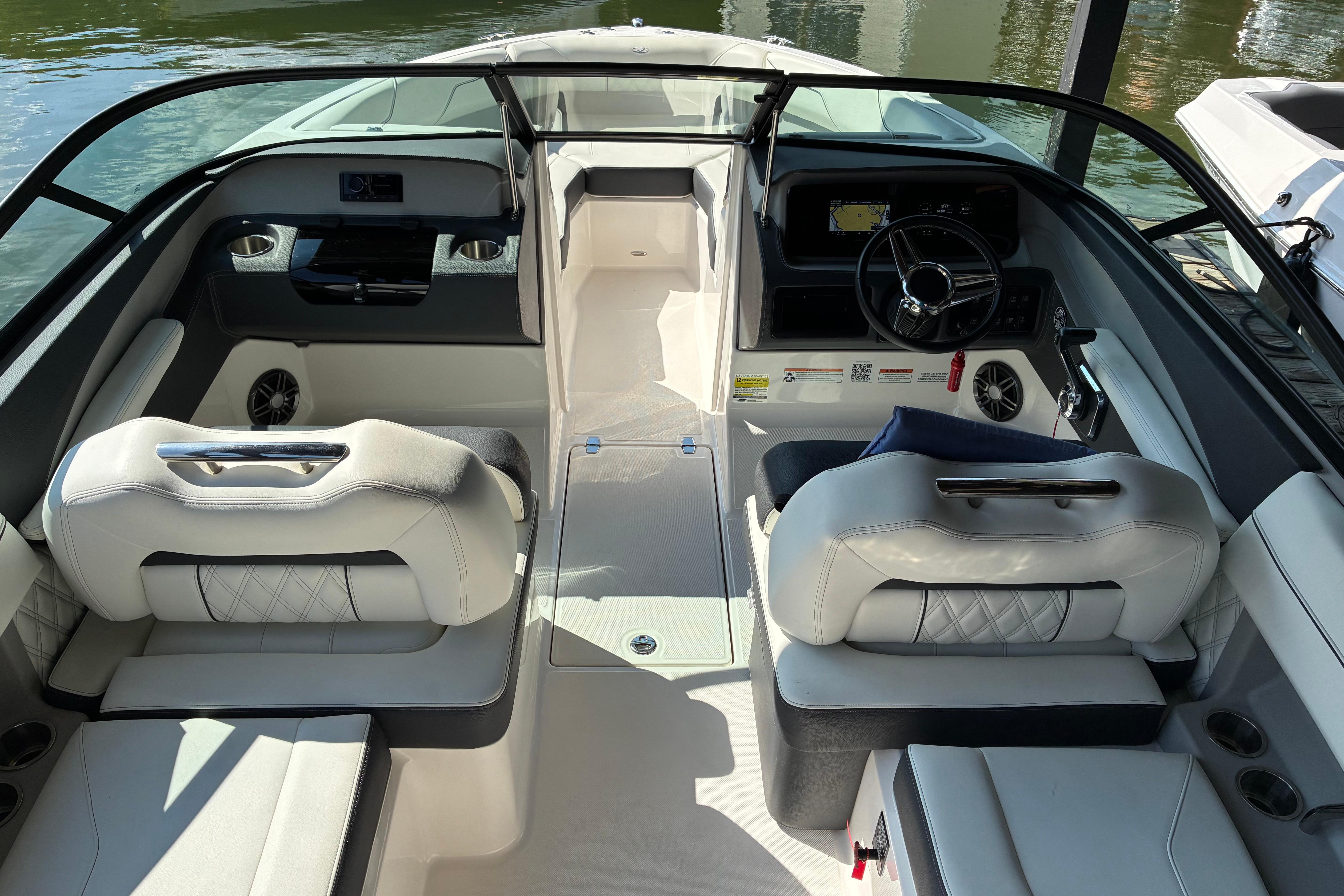 2025 Regal LS2 boat interior with luxurious seating and modern dashboard design.