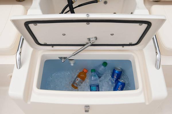 Manufacturer Provided Image: Built-in cooler with drinks on a 2019 Grady-White Freedom 215 boat.