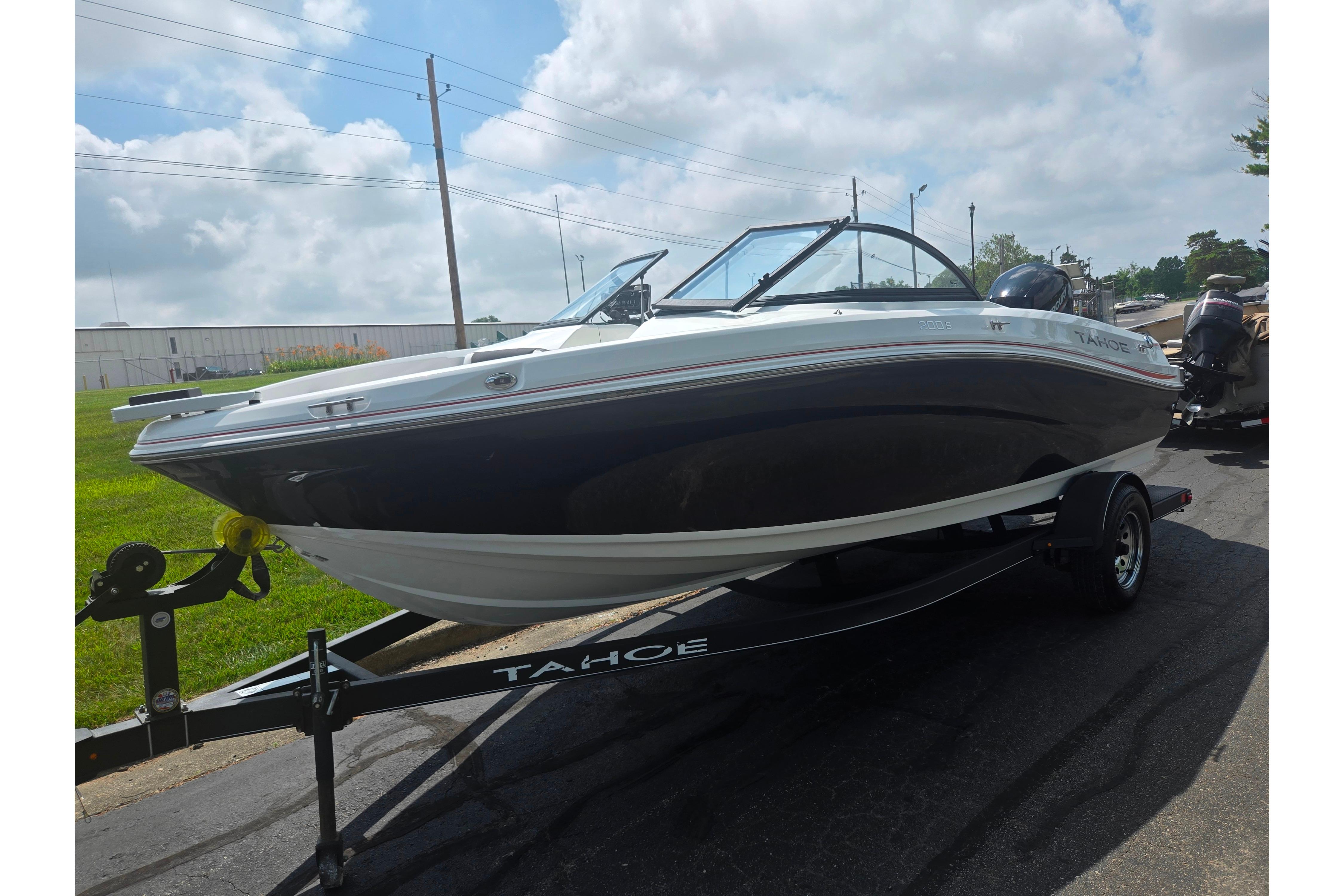 2023 Tahoe 200 S boat on trailer under cloudy sky.