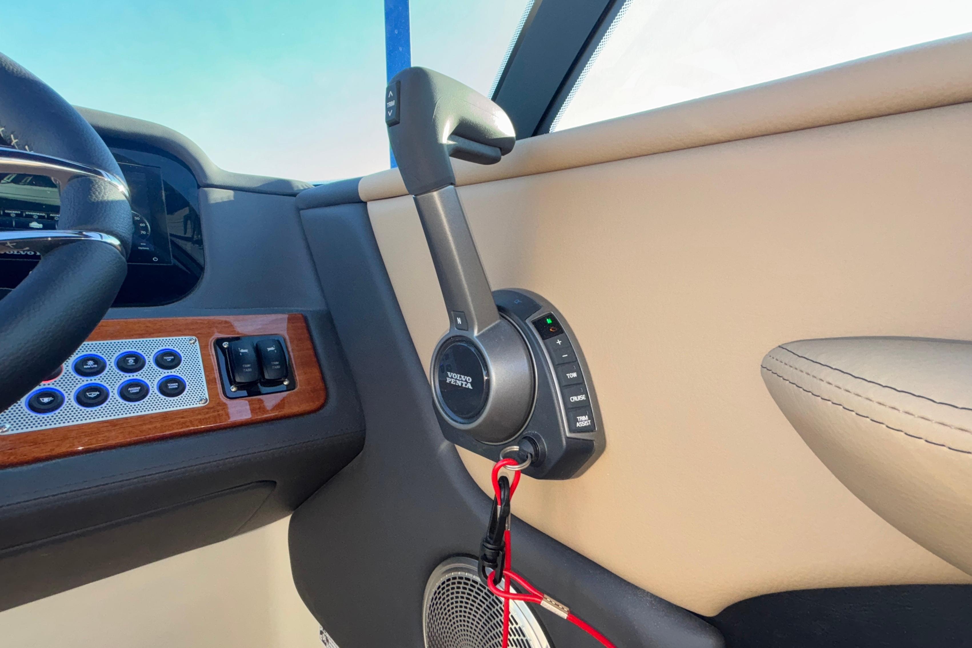 Interior of 2026 Chris-Craft Sportster 28 boat with Volvo Penta controls.